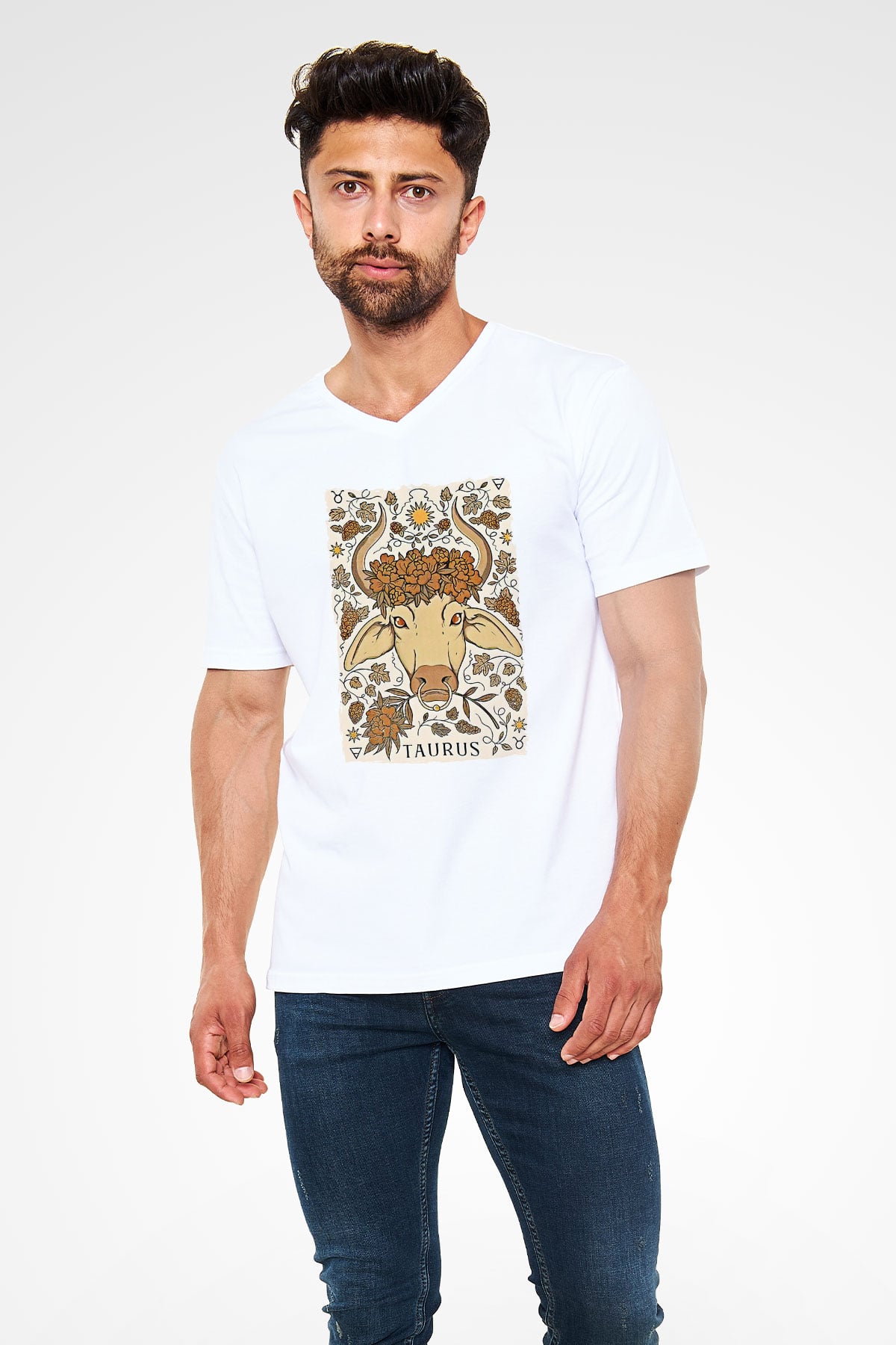 Boğa Burcu Baskılı Beyaz Unisex V Yaka Tişört - Tshirt
