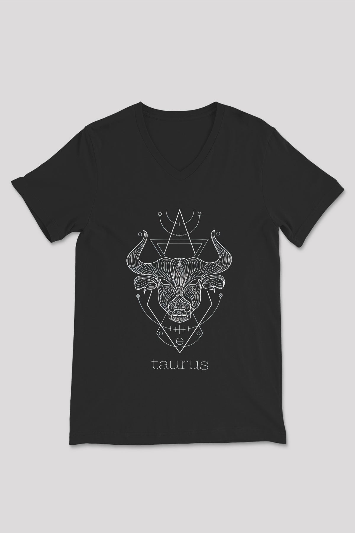 Boğa Burcu Baskılı Unisex Siyah V Yaka Tişört - Tshirt