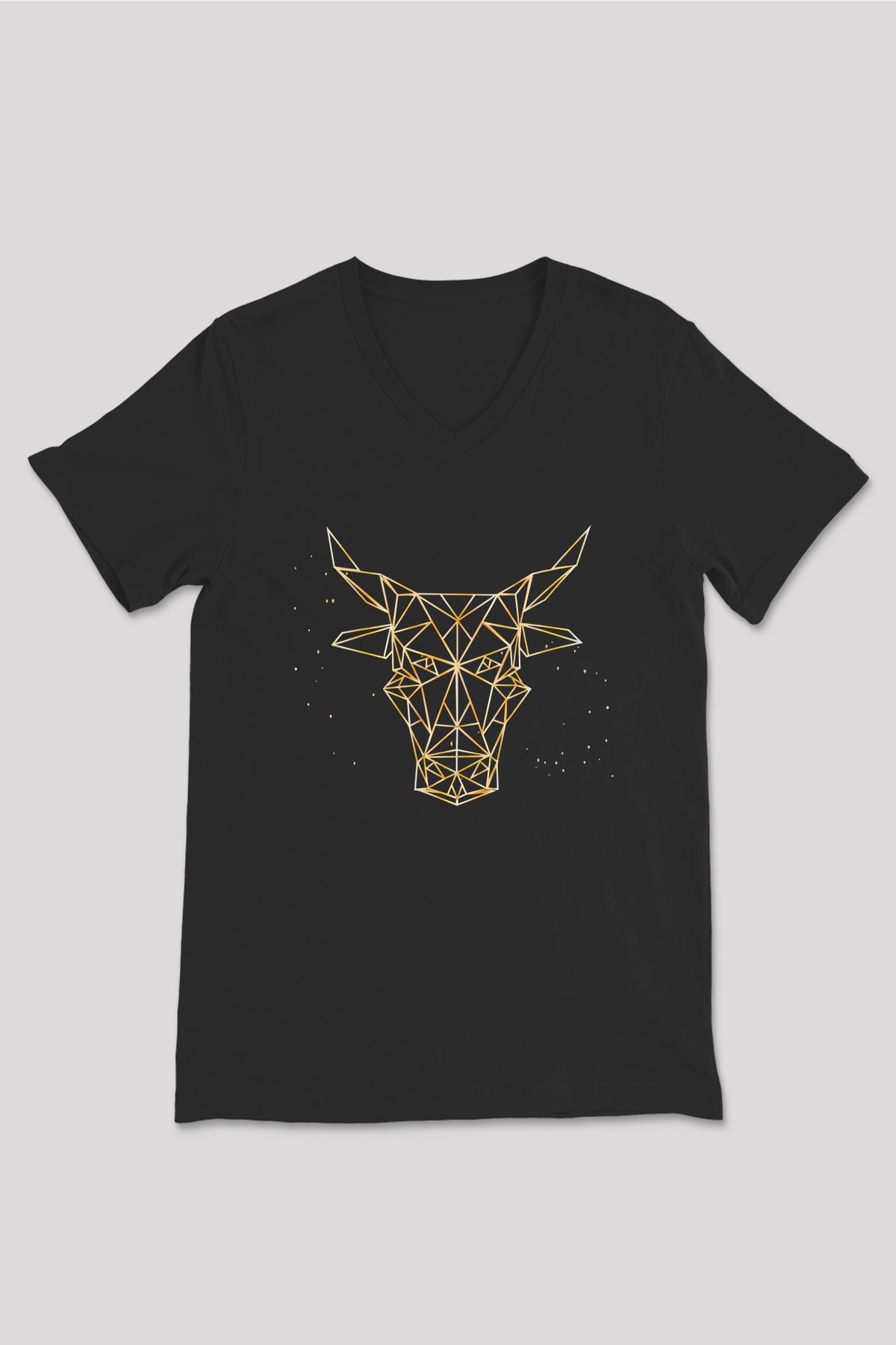 Boğa Burcu Baskılı Unisex Siyah V Yaka Tişört - Tshirt