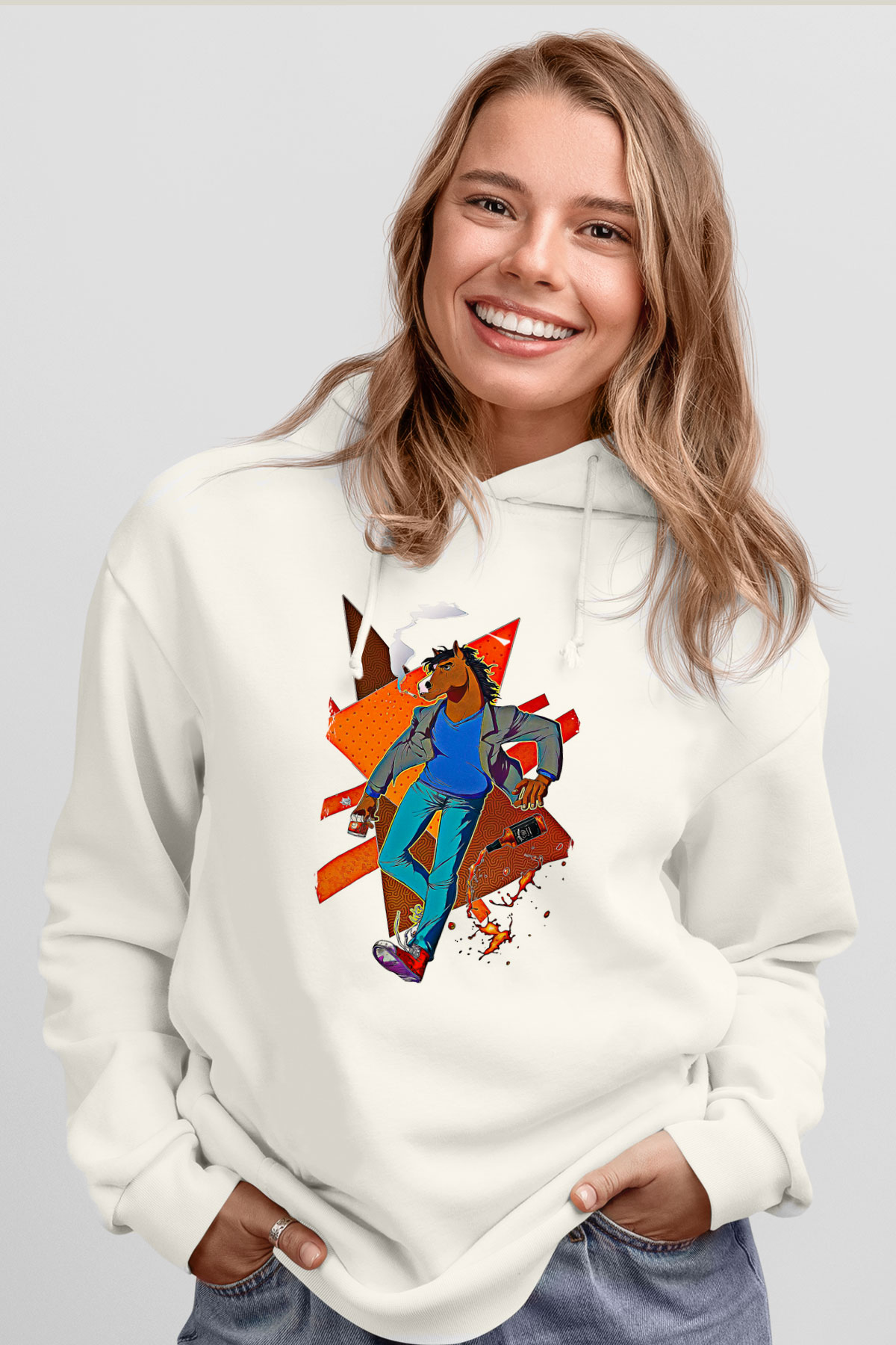 Bojack Horseman Baskılı Beyaz Unisex Hoodie
