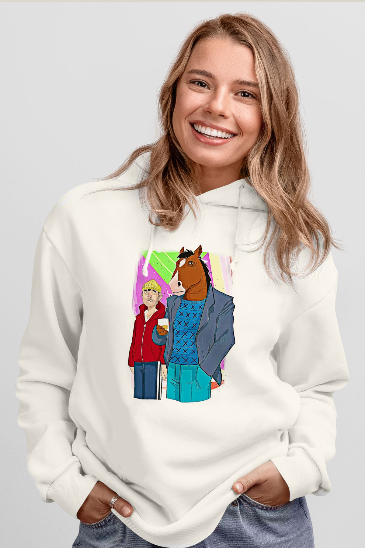 Bojack Horseman Baskılı Beyaz Unisex Hoodie