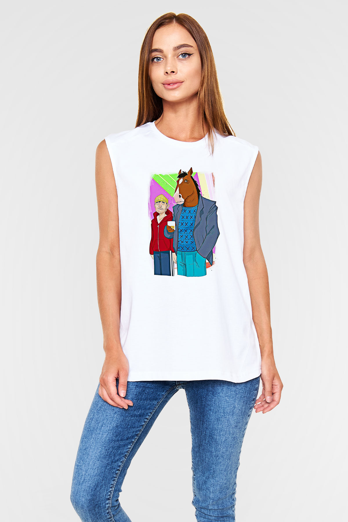 Bojack Horseman Baskılı Beyaz Unisex Kolsuz Tişört - Tshirt