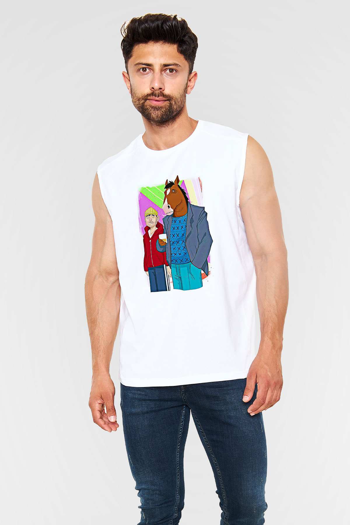 Bojack Horseman Baskılı Beyaz Unisex Kolsuz Tişört - Tshirt