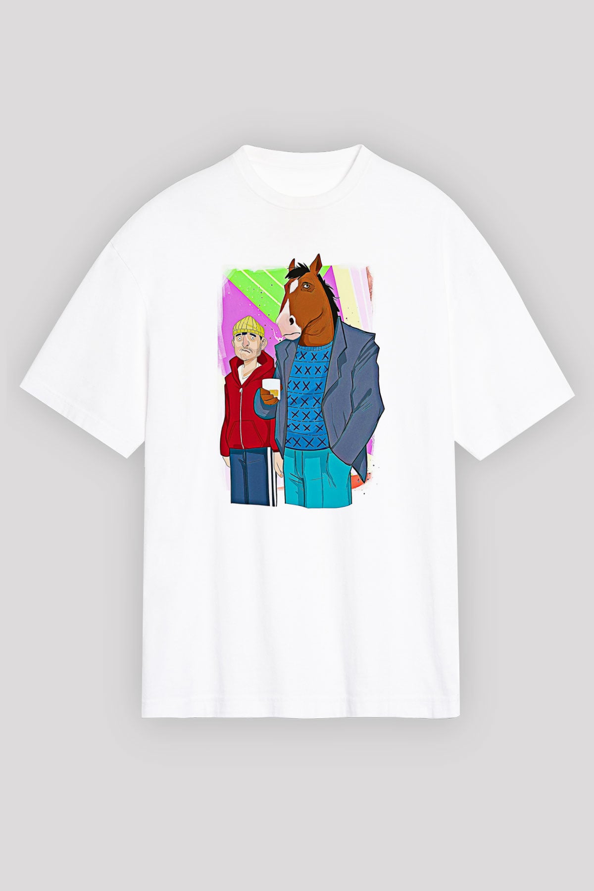 Bojack Horseman Baskılı Beyaz Unisex Oversize Tişört - Tshirt