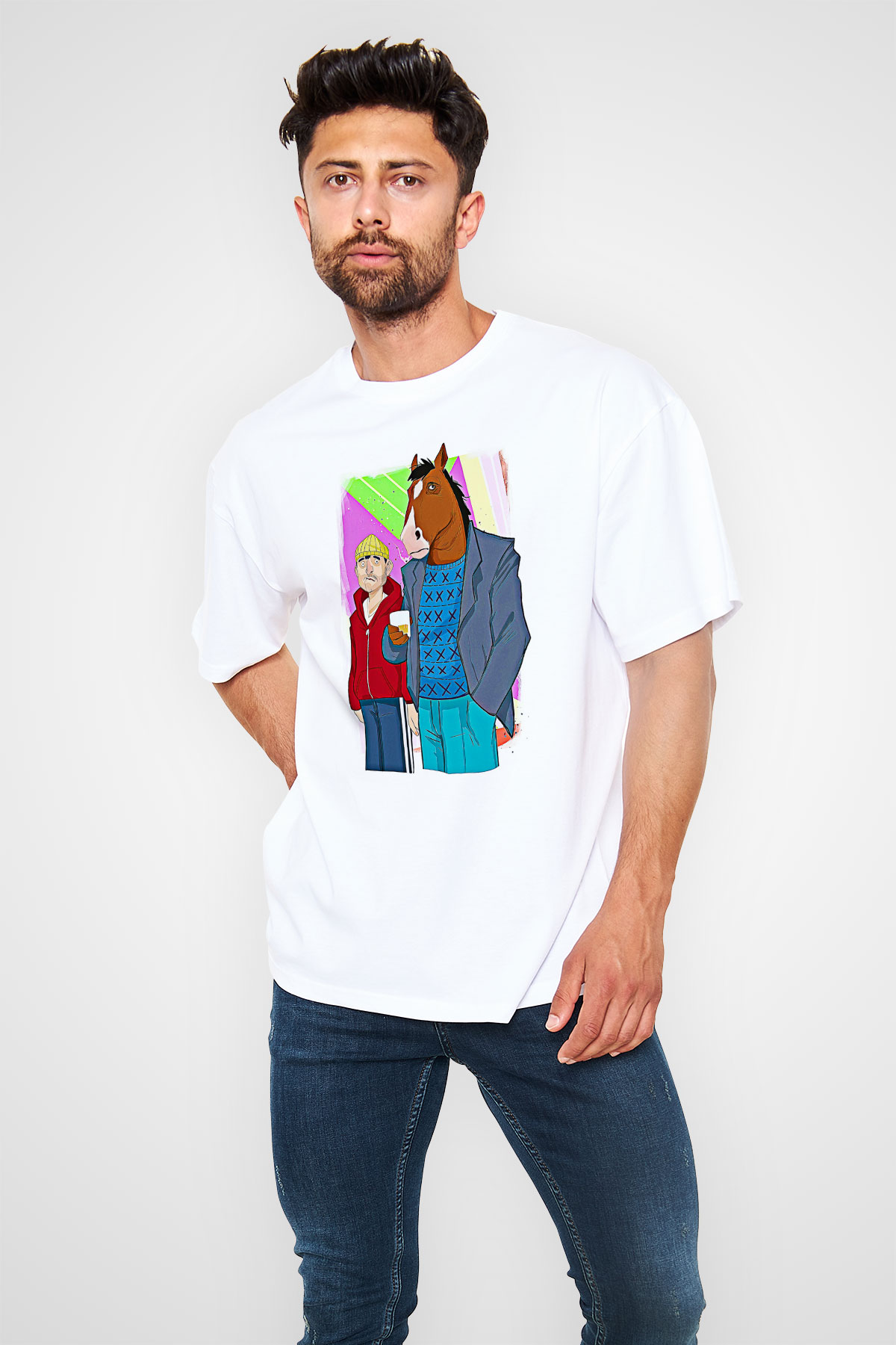 Bojack Horseman Baskılı Beyaz Unisex Oversize Tişört - Tshirt