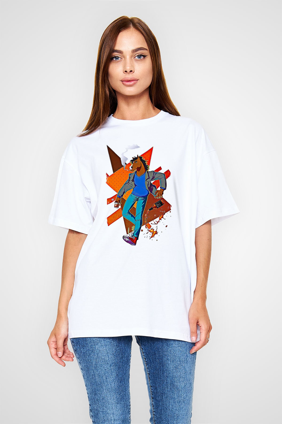Bojack Horseman Baskılı Beyaz Unisex Oversize Tişört - Tshirt