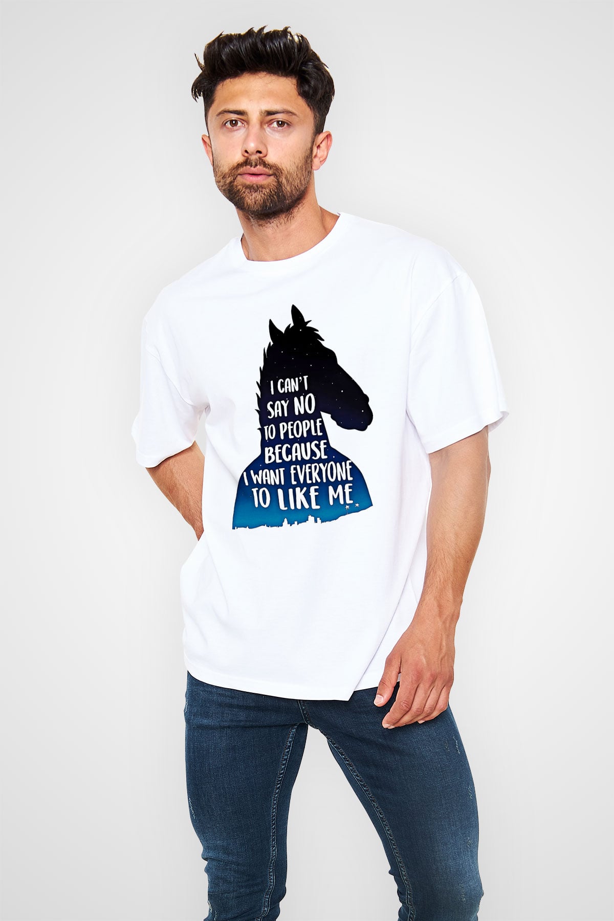 Bojack Horseman Baskılı Beyaz Unisex Oversize Tişört - Tshirt
