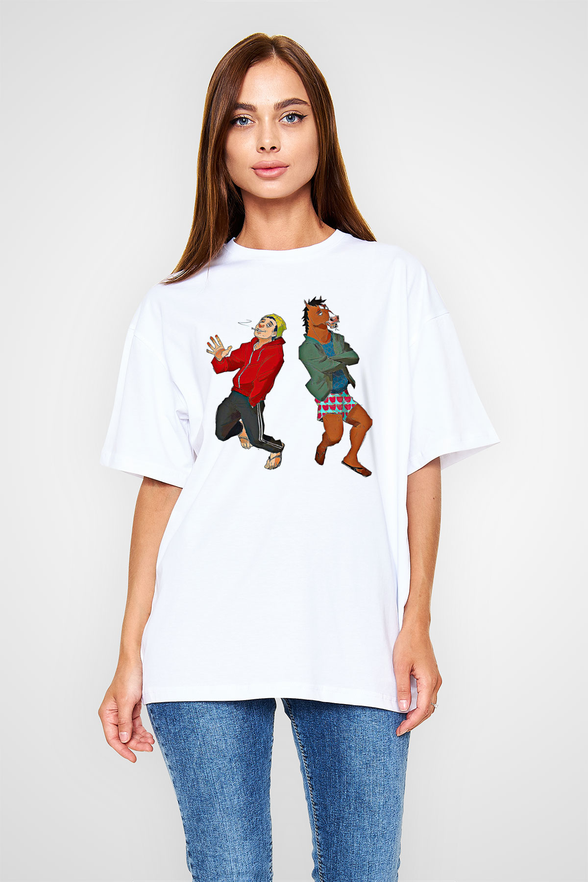 Bojack Horseman Baskılı Beyaz Unisex Oversize Tişört - Tshirt