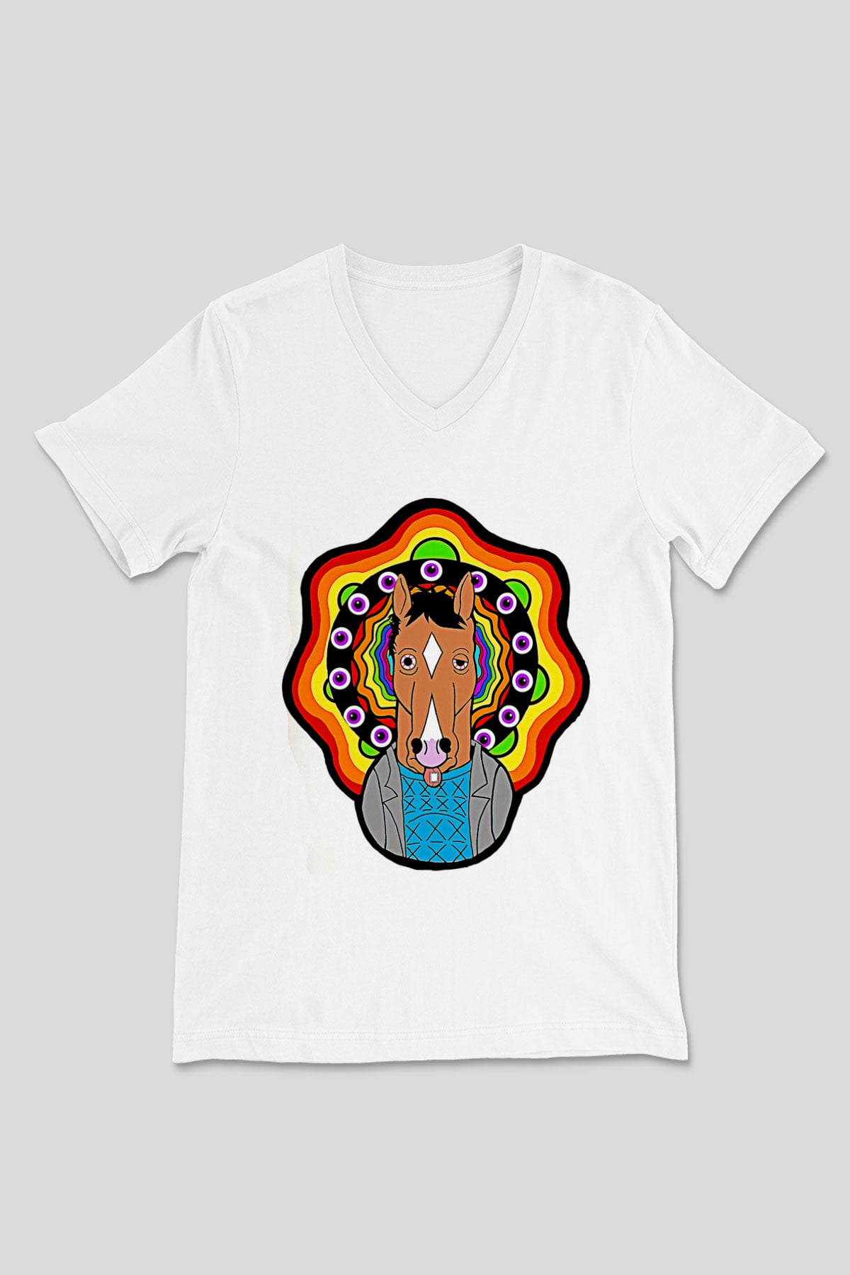 Bojack Horseman Baskılı Beyaz Unisex V Yaka Tişört - Tshirt