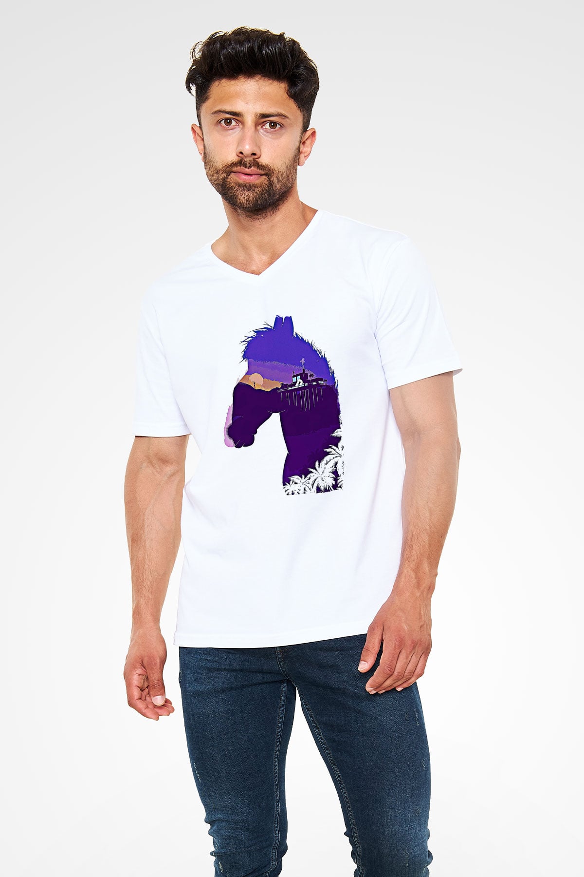 Bojack Horseman Baskılı Beyaz Unisex V Yaka Tişört - Tshirt