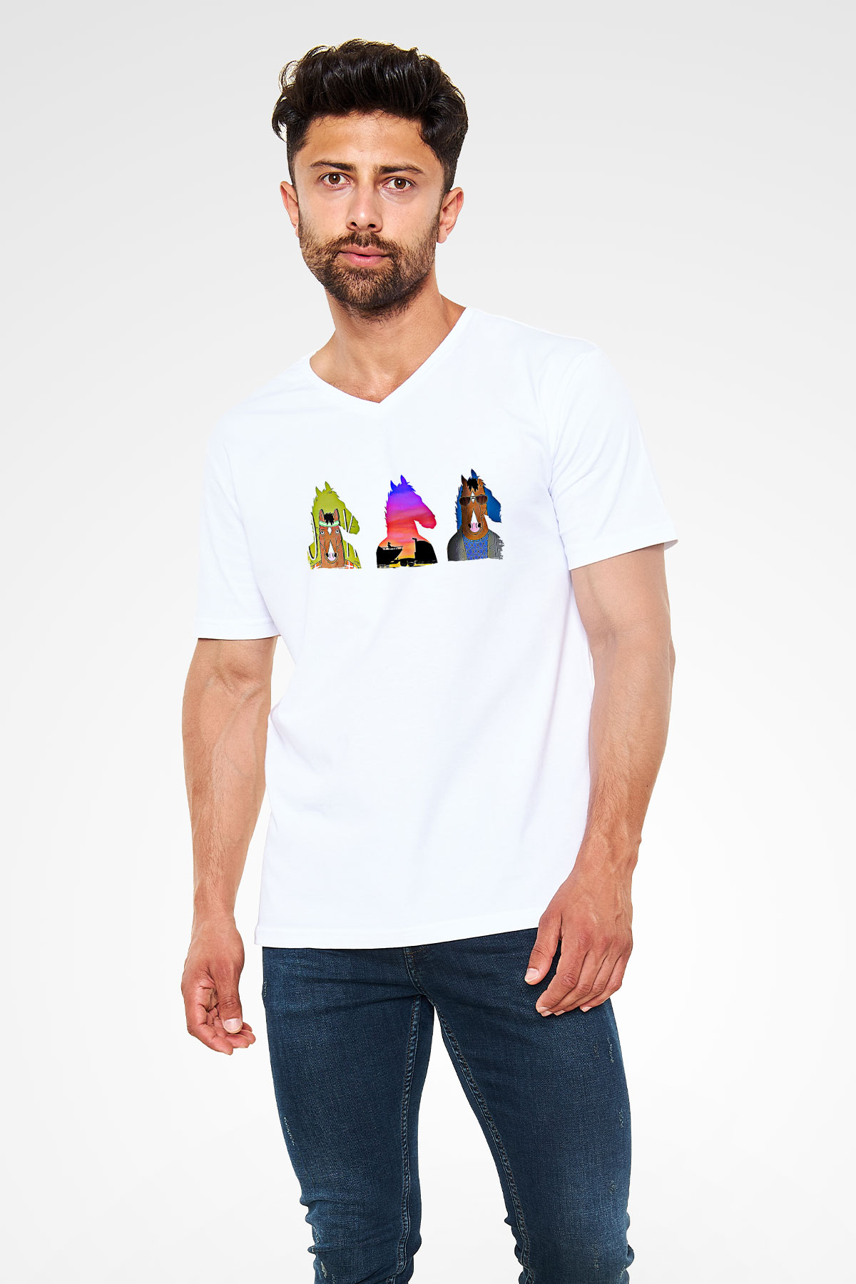 Bojack Horseman Baskılı Beyaz Unisex V Yaka Tişört - Tshirt