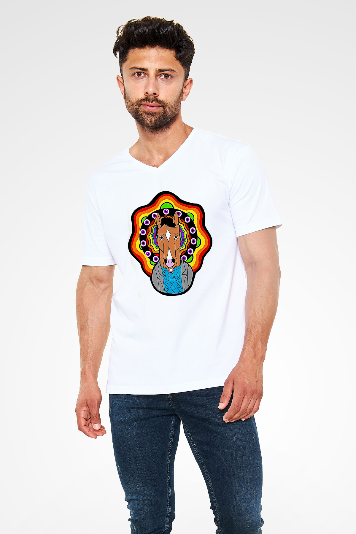 Bojack Horseman Baskılı Beyaz Unisex V Yaka Tişört - Tshirt