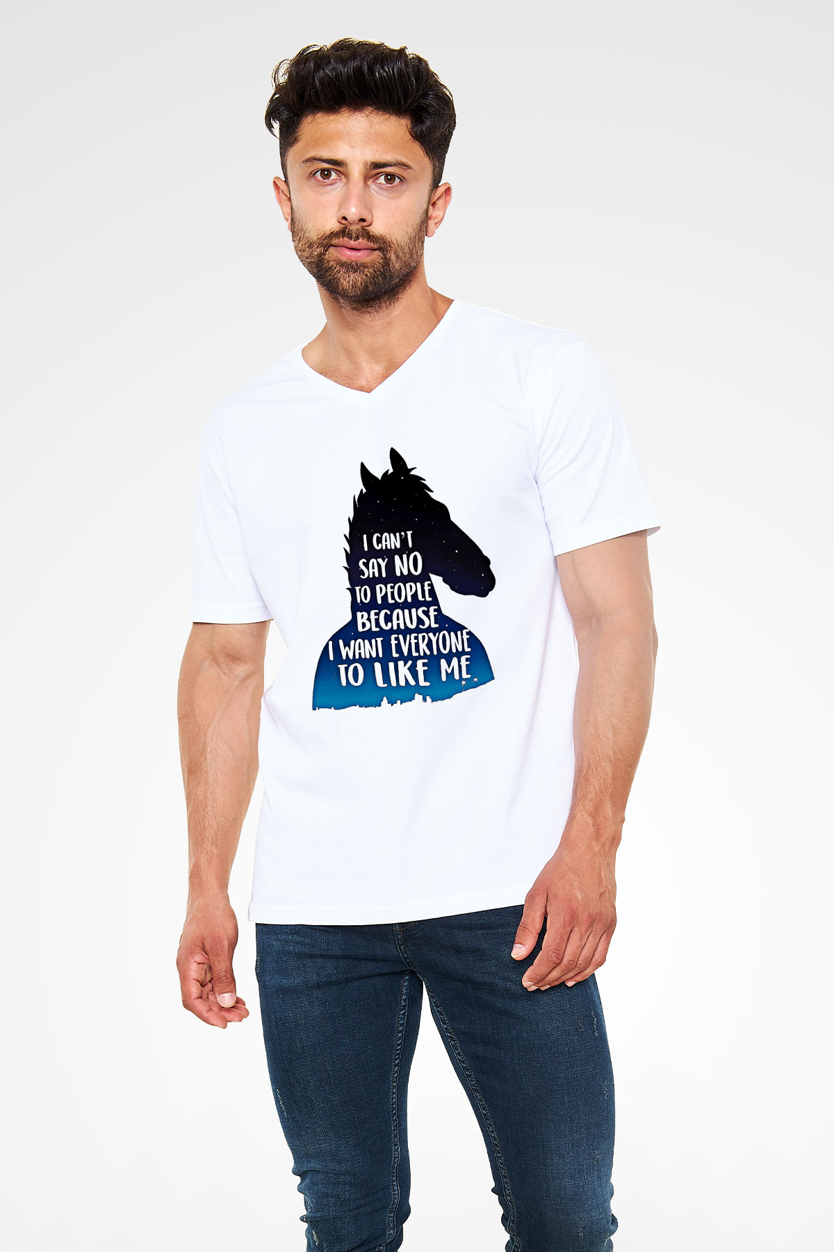 Bojack Horseman Baskılı Beyaz Unisex V Yaka Tişört - Tshirt
