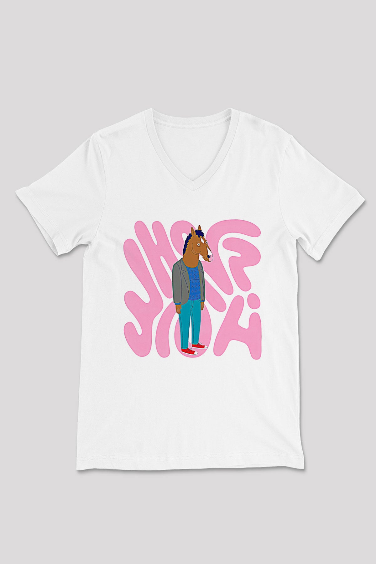 Bojack Horseman Baskılı Beyaz Unisex V Yaka Tişört - Tshirt