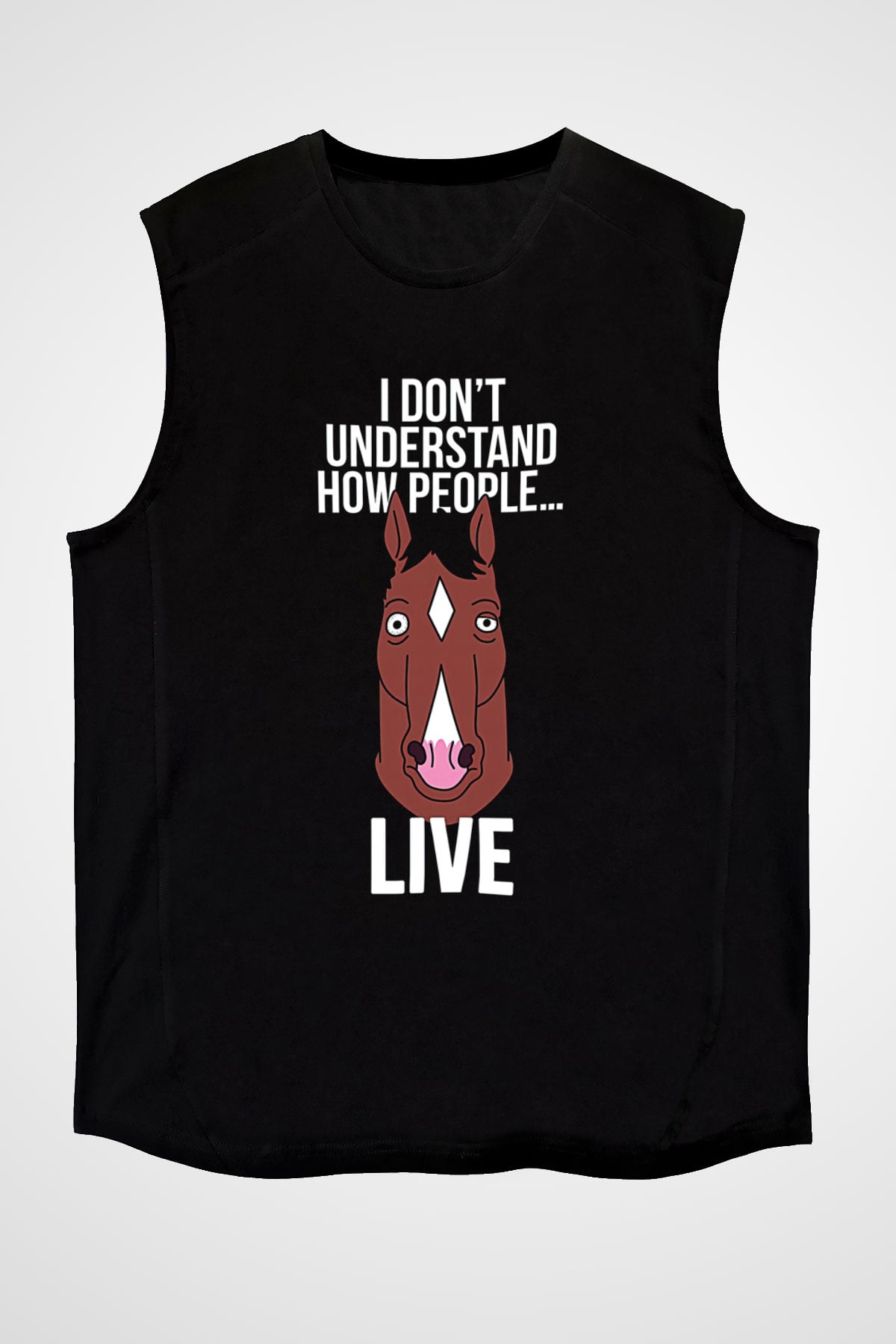 Bojack Horseman Baskılı Unisex Siyah Kolsuz Tişört - Tshirt
