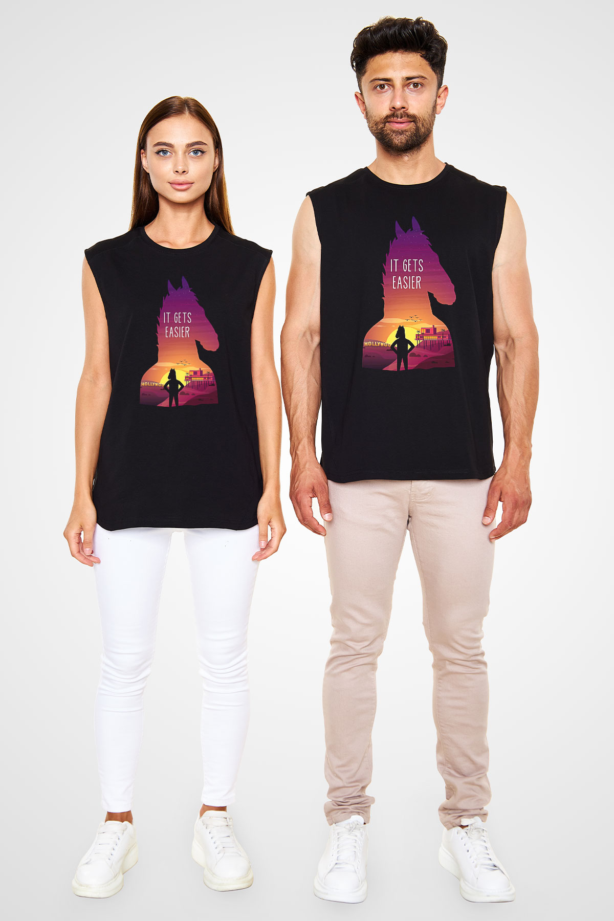 Bojack Horseman Baskılı Unisex Siyah Kolsuz Tişört - Tshirt