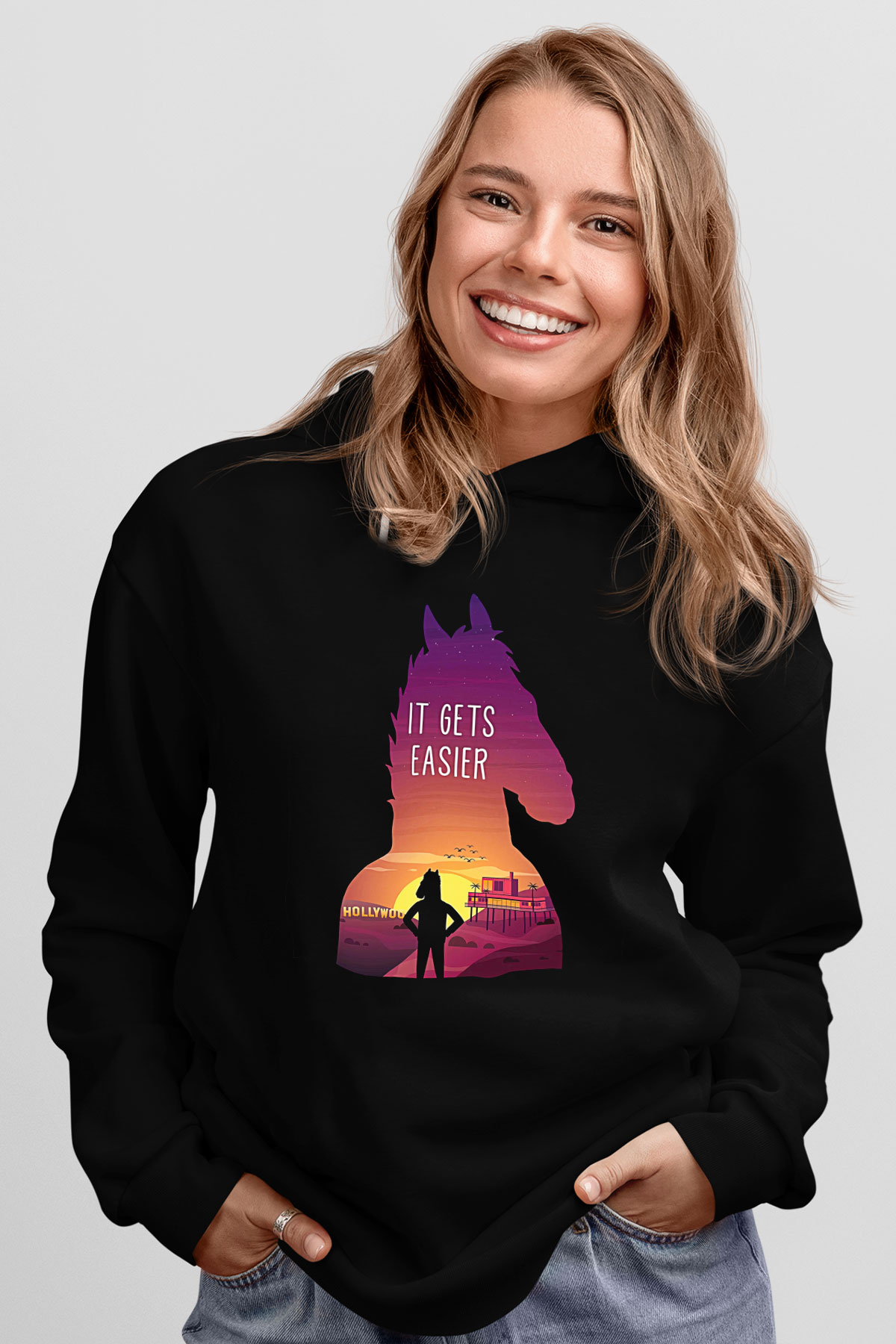 Bojack Horseman Baskılı Unisex Siyah Kapüşonlu Sweatshirt