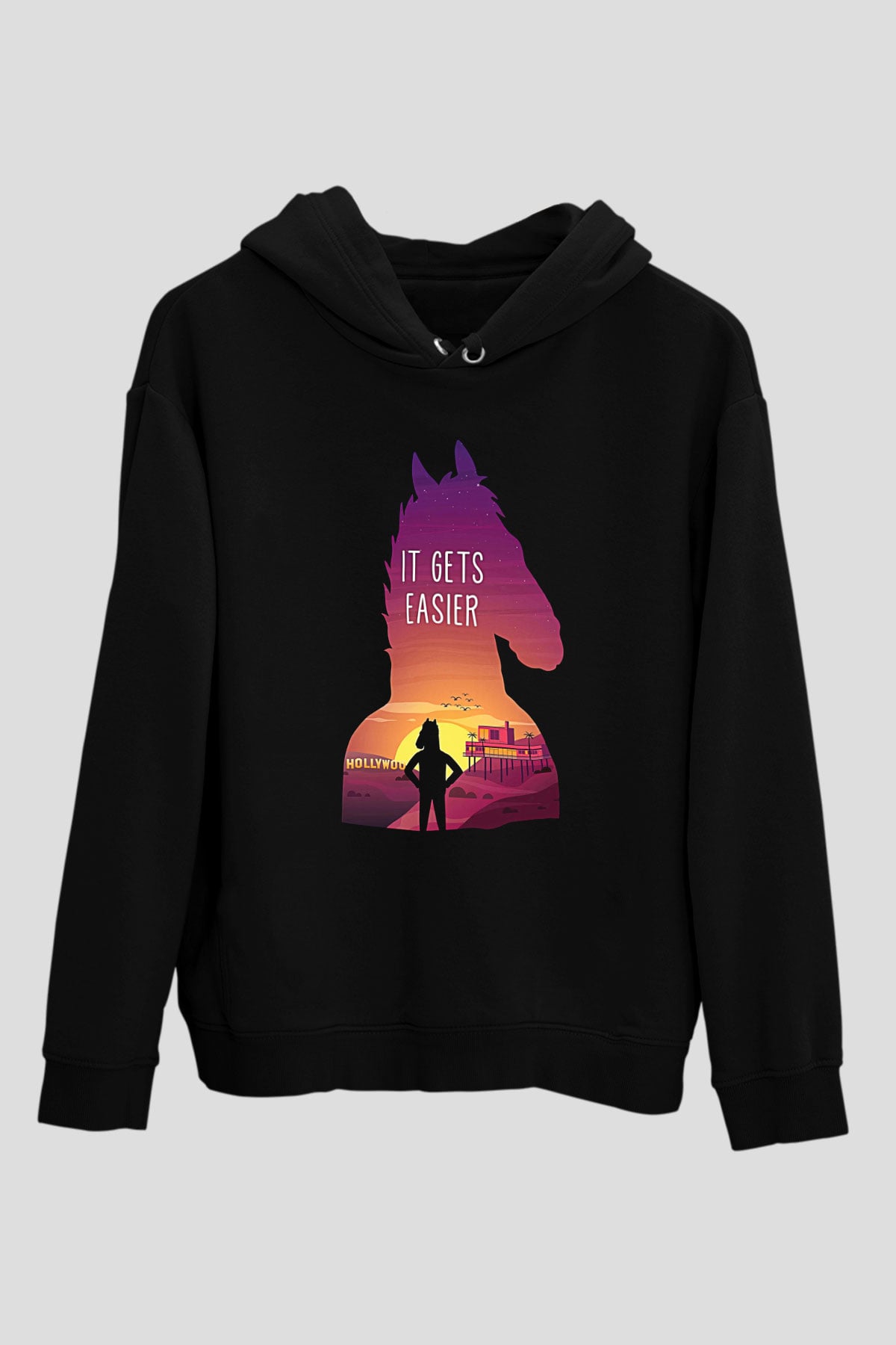Bojack Horseman Baskılı Unisex Siyah Kapüşonlu Sweatshirt