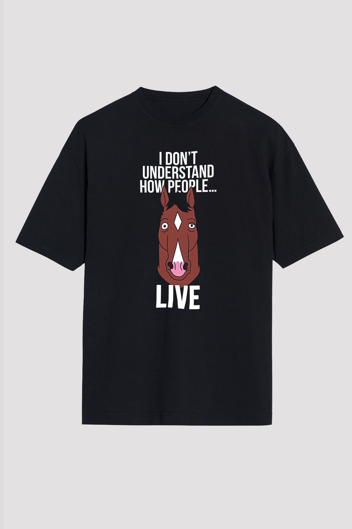 Bojack Horseman Baskılı Unisex Siyah Oversize Tişört - Tshirt