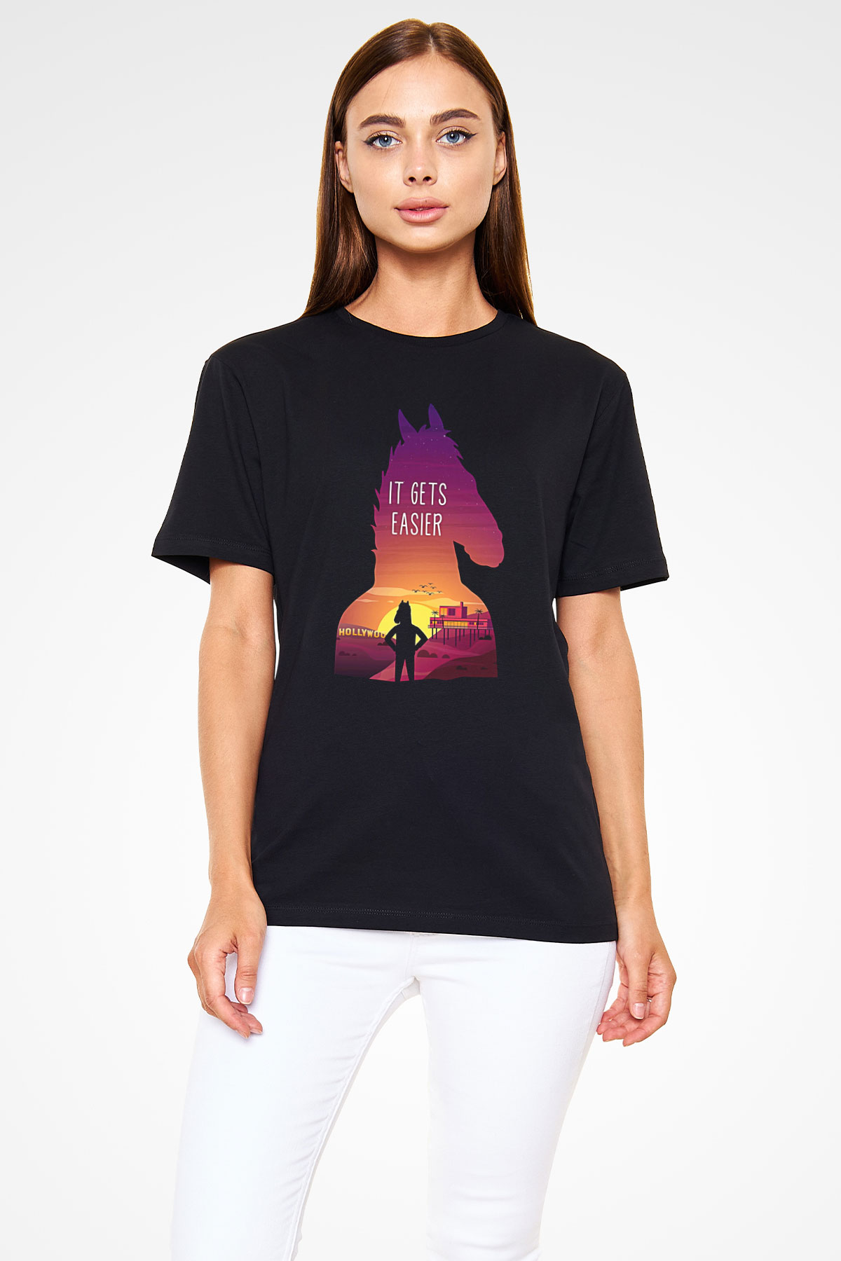 Bojack Horseman Baskılı Unisex Siyah Tişört - Tshirt