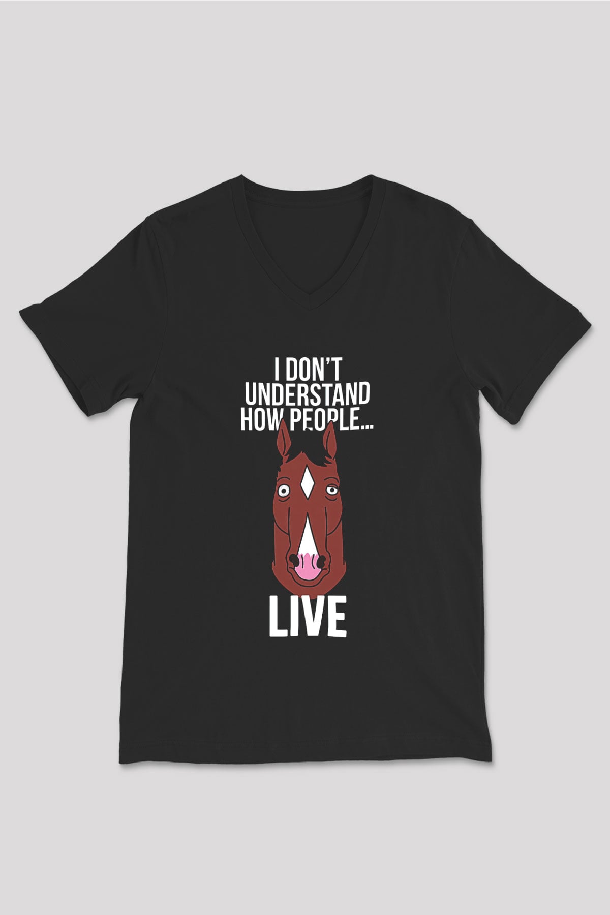 Bojack Horseman Baskılı Unisex Siyah V Yaka Tişört - Tshirt