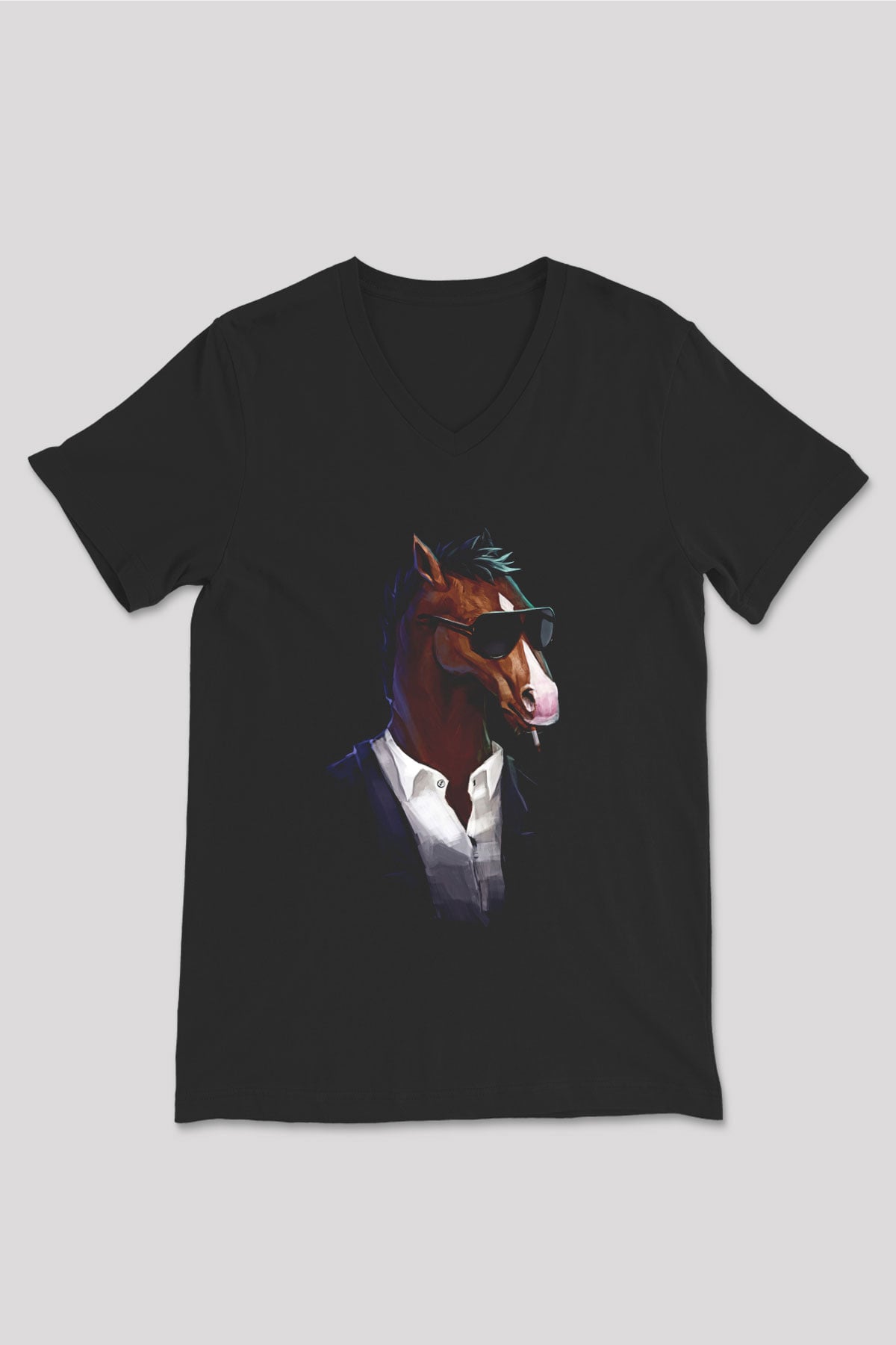 Bojack Horseman Baskılı Unisex Siyah V Yaka Tişört - Tshirt
