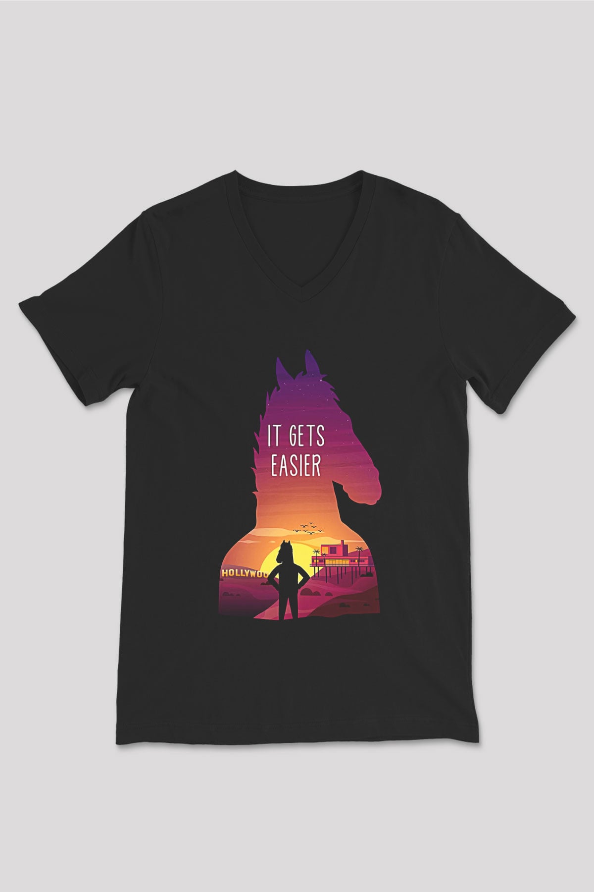 Bojack Horseman Baskılı Unisex Siyah V Yaka Tişört - Tshirt
