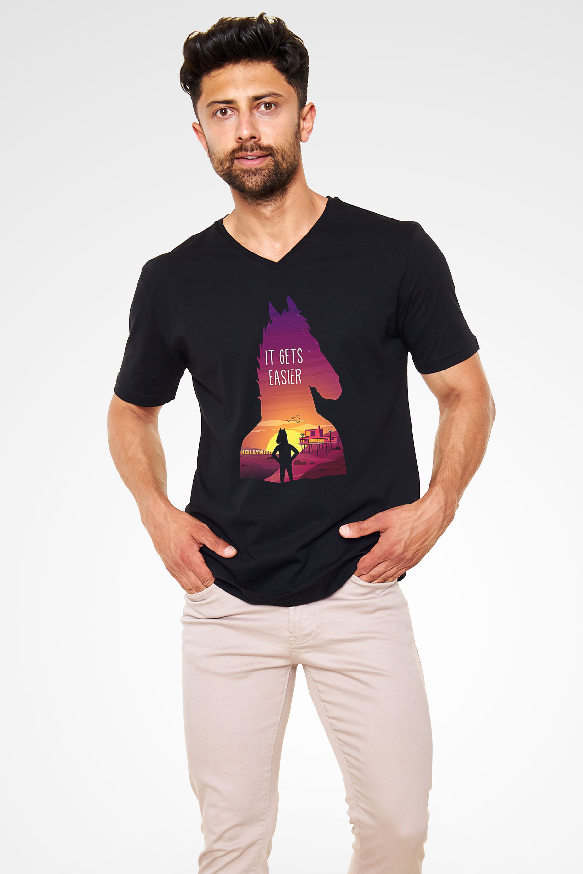 Bojack Horseman Baskılı Unisex Siyah V Yaka Tişört - Tshirt