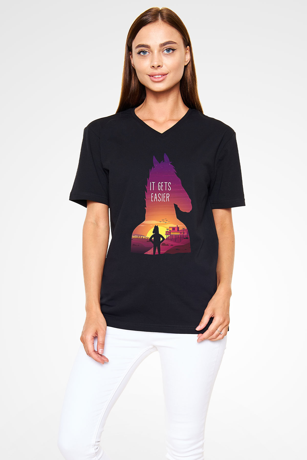 Bojack Horseman Baskılı Unisex Siyah V Yaka Tişört - Tshirt