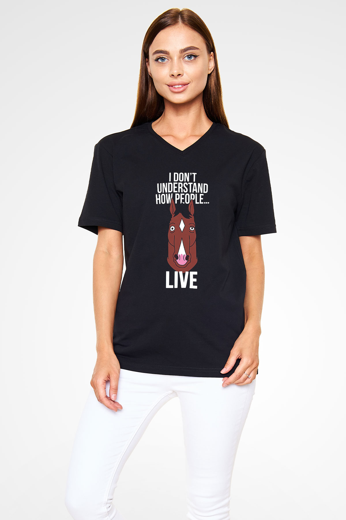Bojack Horseman Baskılı Unisex Siyah V Yaka Tişört - Tshirt