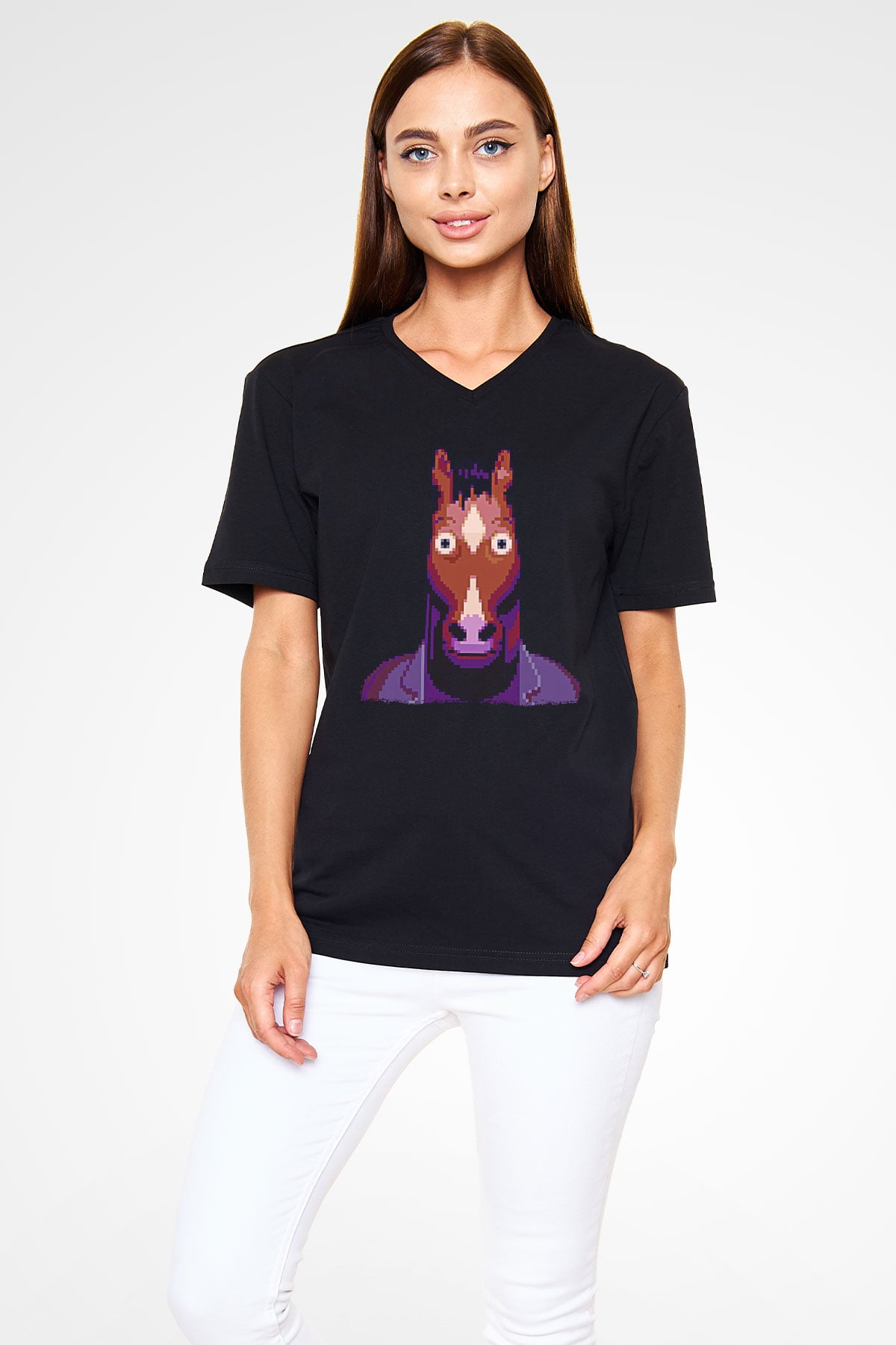Bojack Horseman Baskılı Unisex Siyah V Yaka Tişört - Tshirt