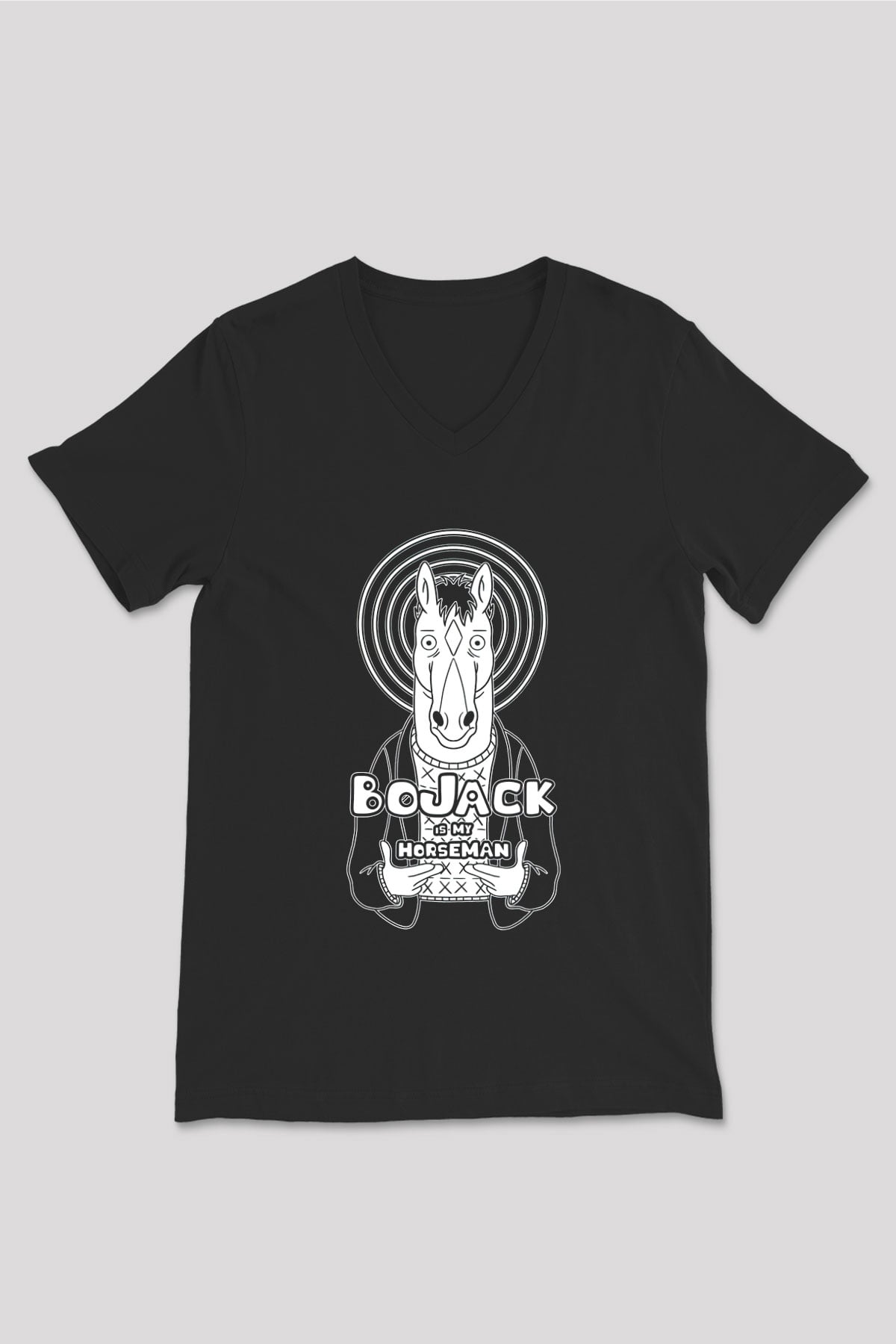 Bojack Horseman Baskılı Unisex Siyah V Yaka Tişört - Tshirt