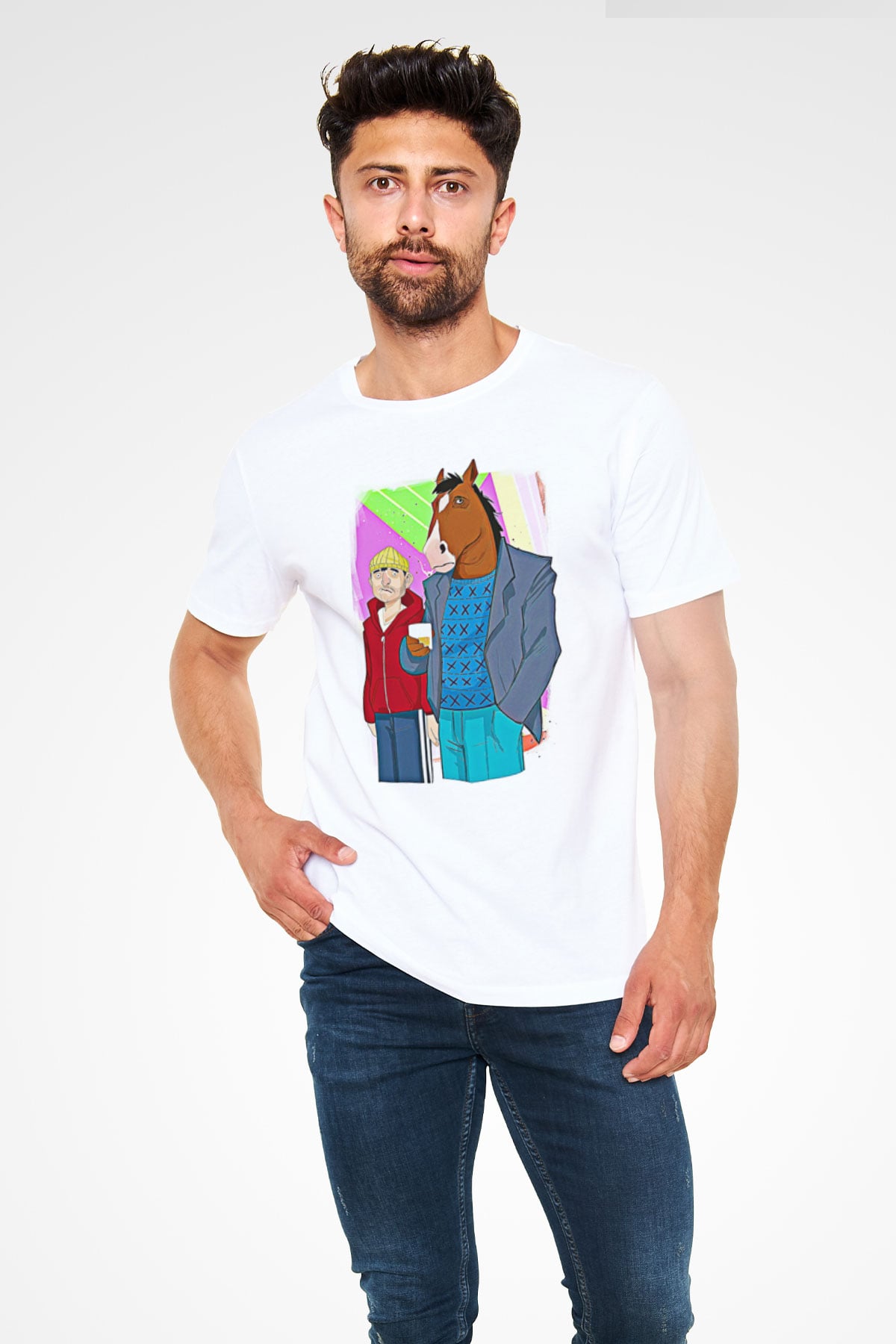 Bojack Horseman Unisex Baskılı Beyaz Tişört - Tshirt