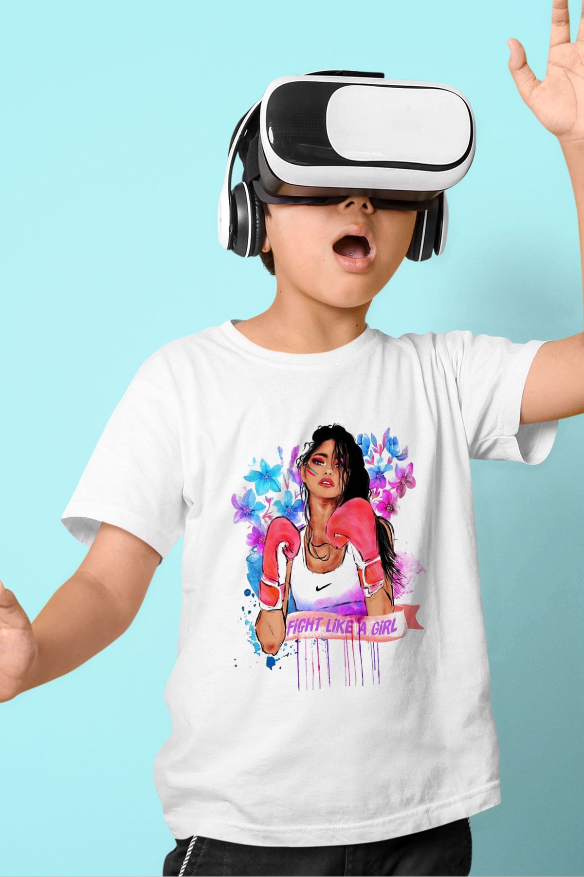 Boks Baskılı Beyaz Unisex Çocuk Tişört
