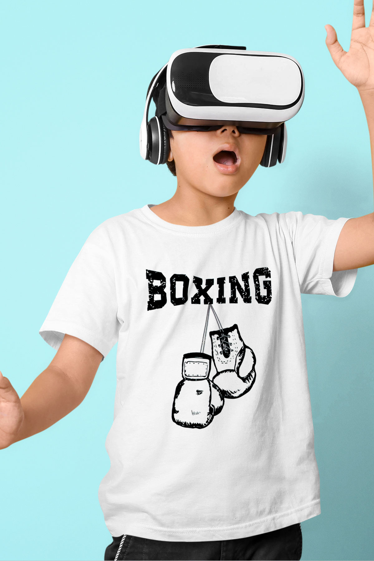 Boks Baskılı Beyaz Unisex Çocuk Tişört