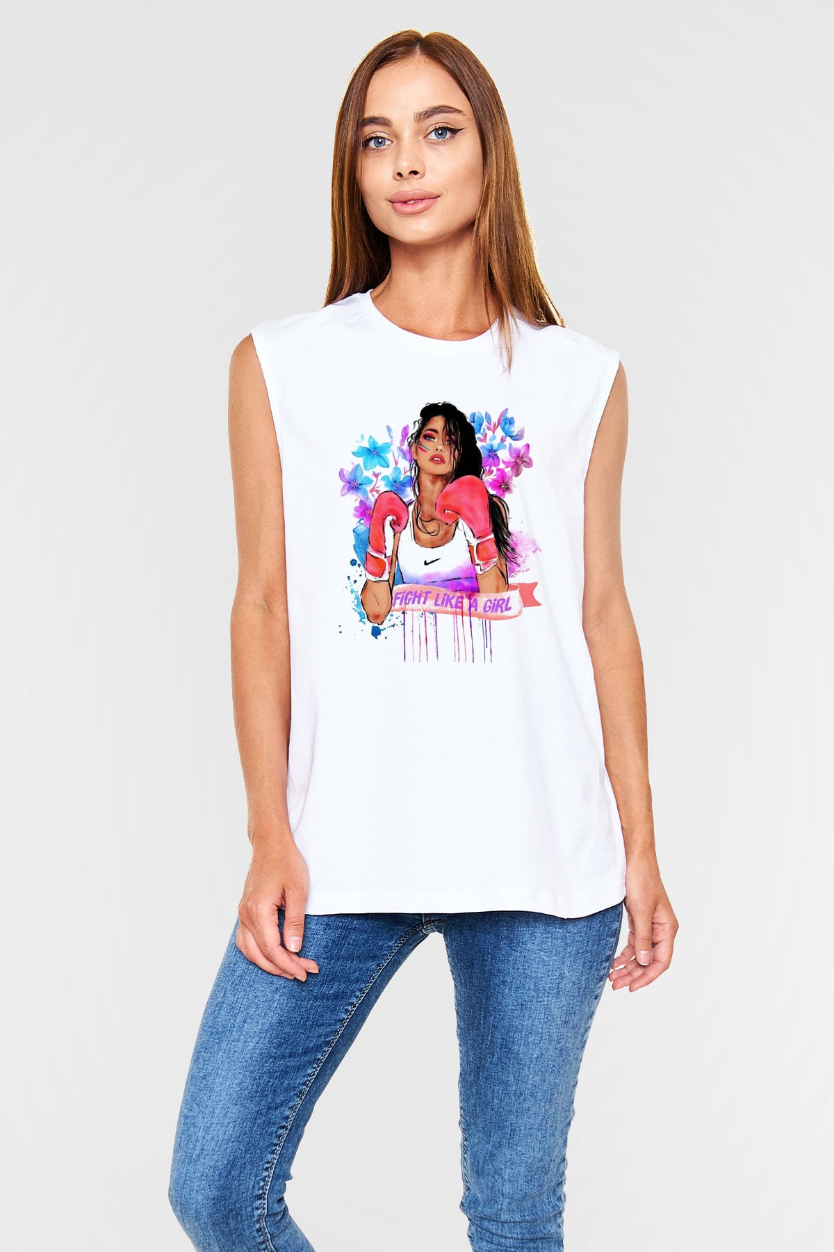 Boks Beyaz Unisex Kolsuz Tişört
