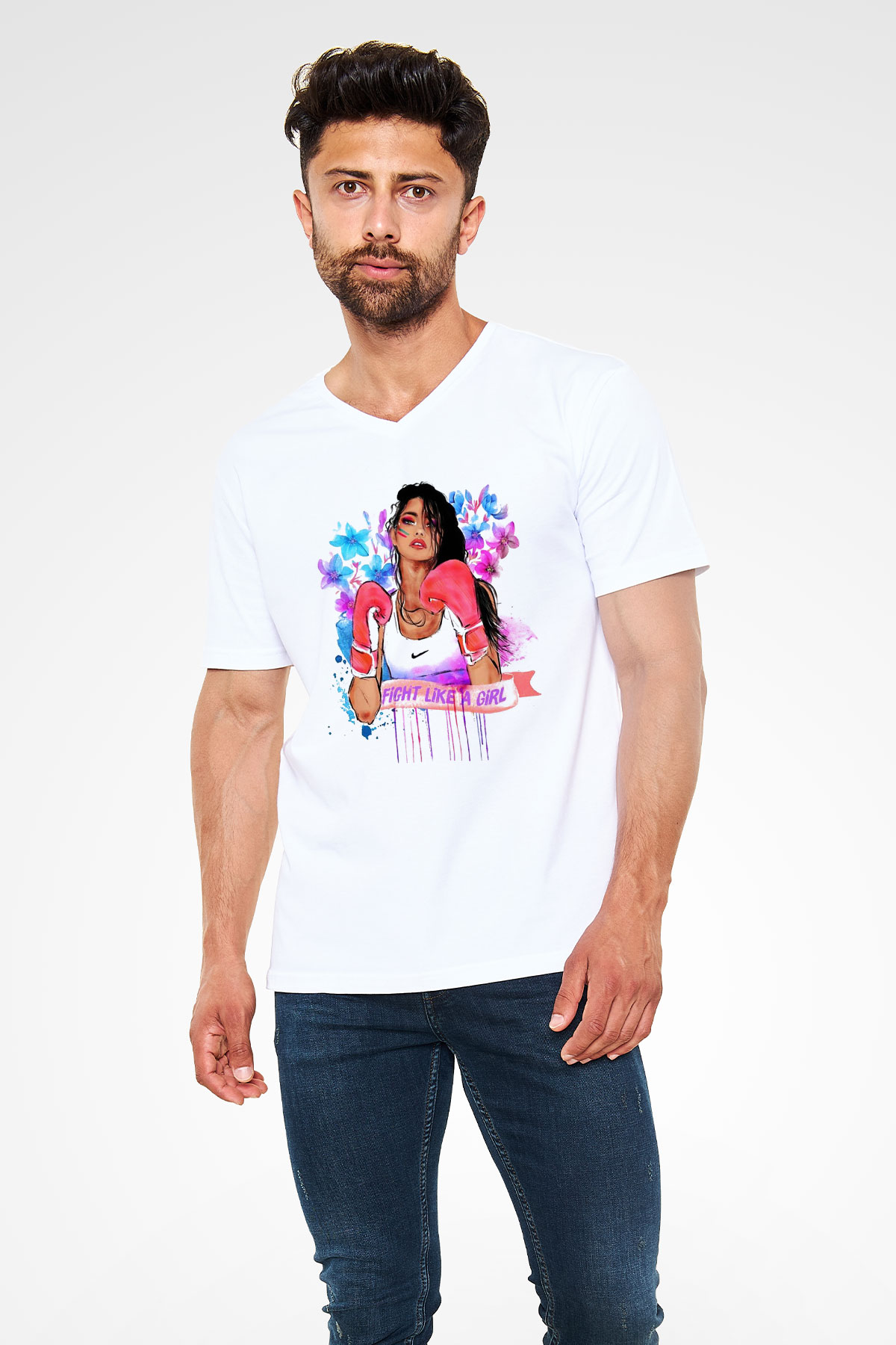 Boks Beyaz Unisex V Yaka Tişört T-Shirt