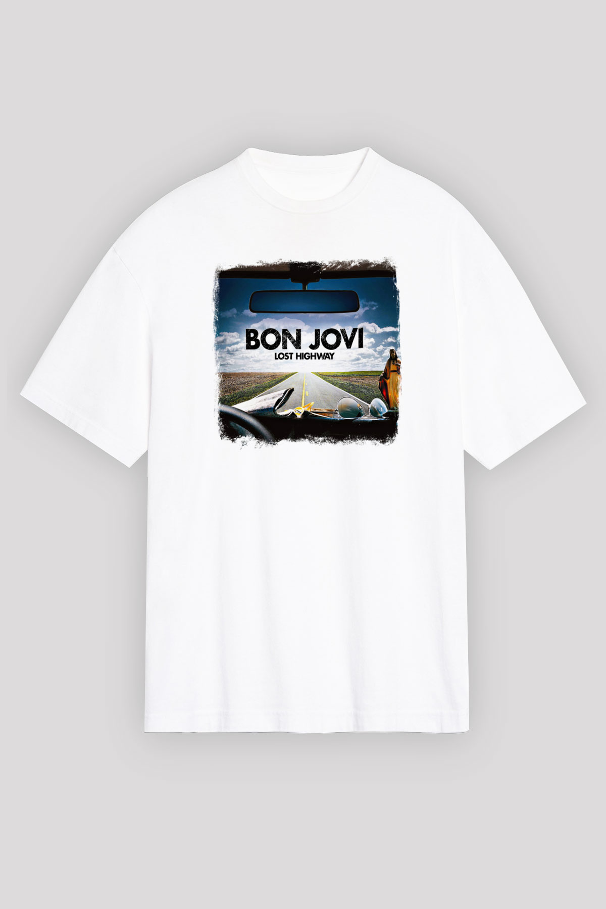 Bon Jovi Baskılı Unisex Beyaz Oversize Tişört