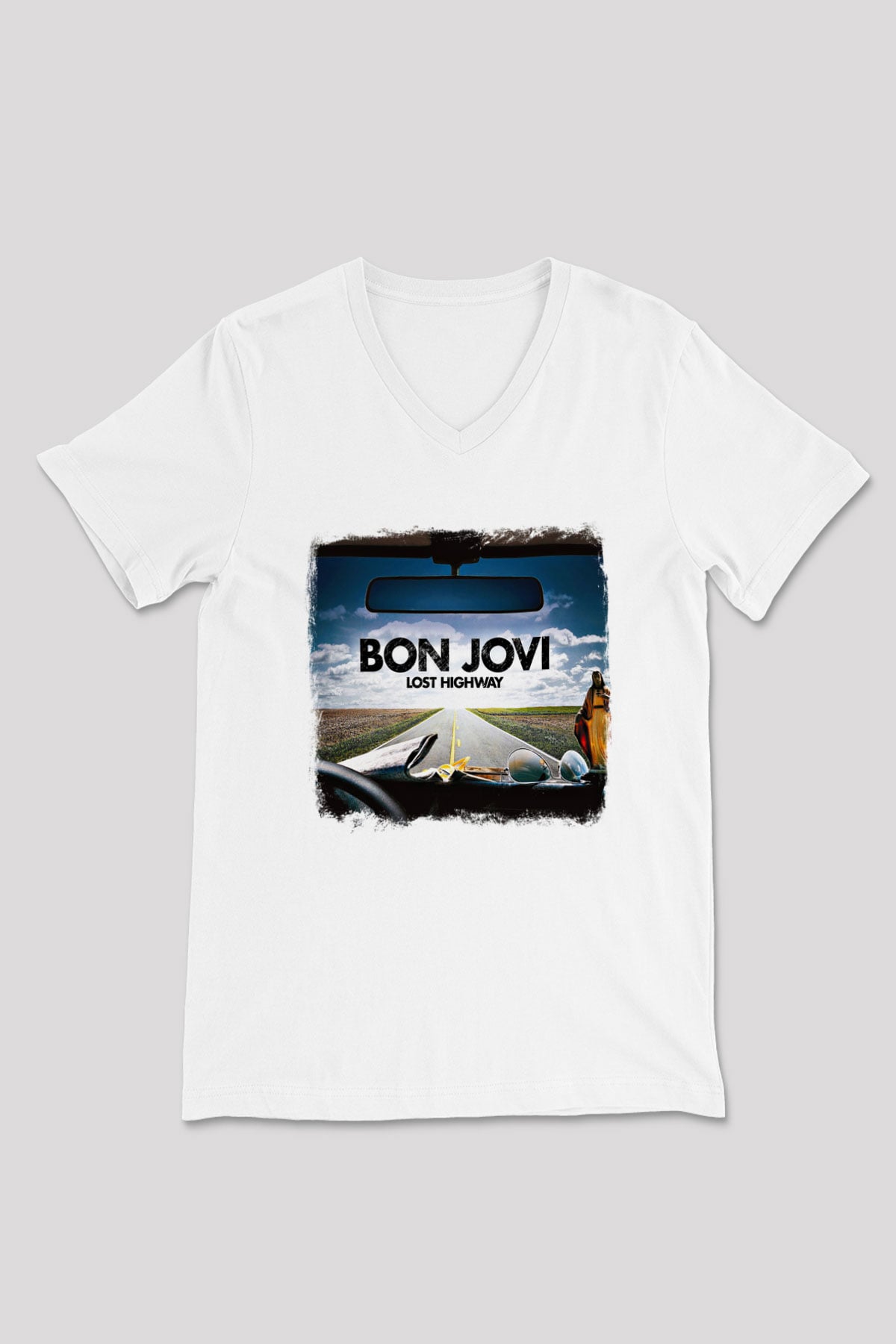 Bon Jovi Baskılı Unisex Beyaz V Yaka Tişört