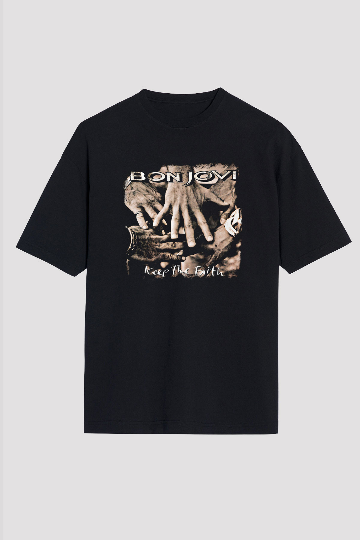 Bon Jovi Baskılı Unisex Siyah Oversize Tişört