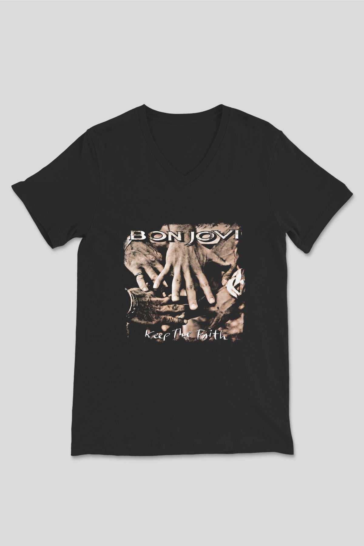Bon Jovi Baskılı Unisex Siyah V Yaka Tişört