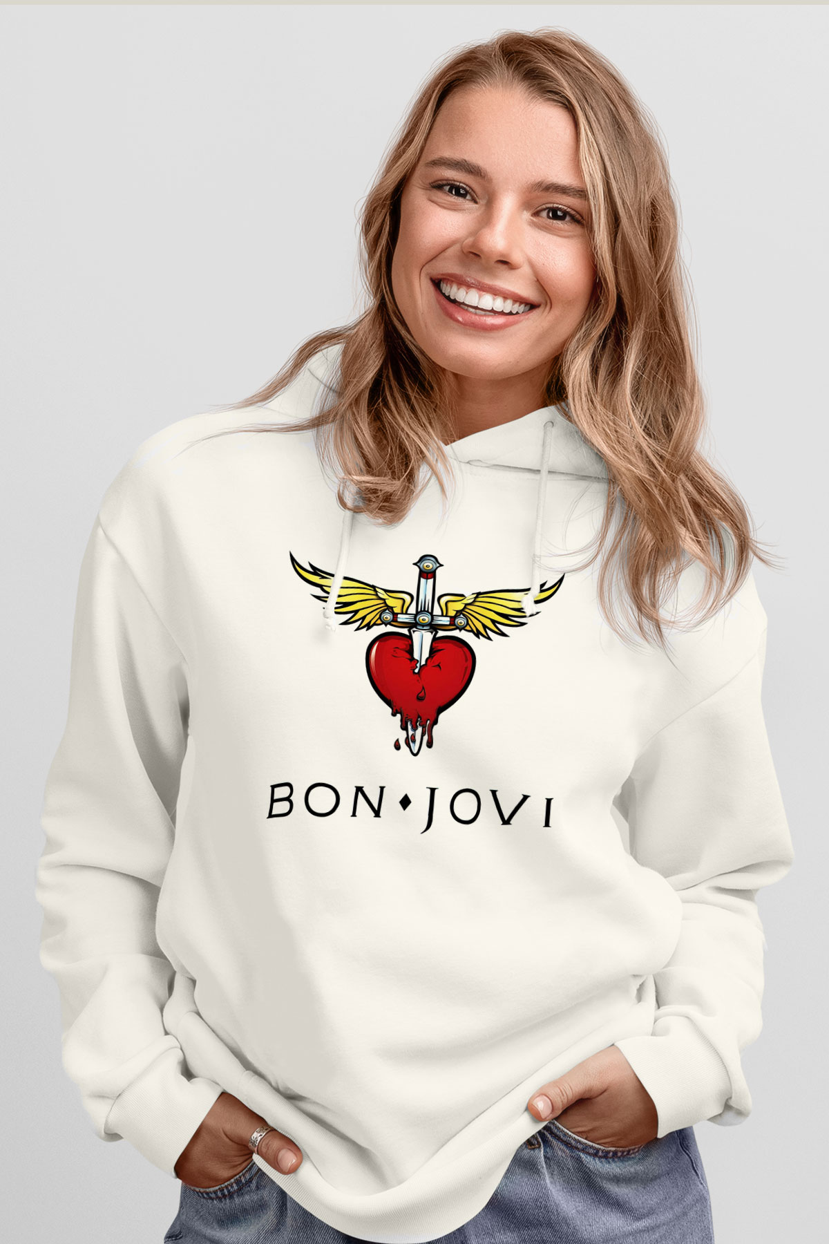Bon Jovi Beyaz Unisex Kapüşonlu Sweatshirt