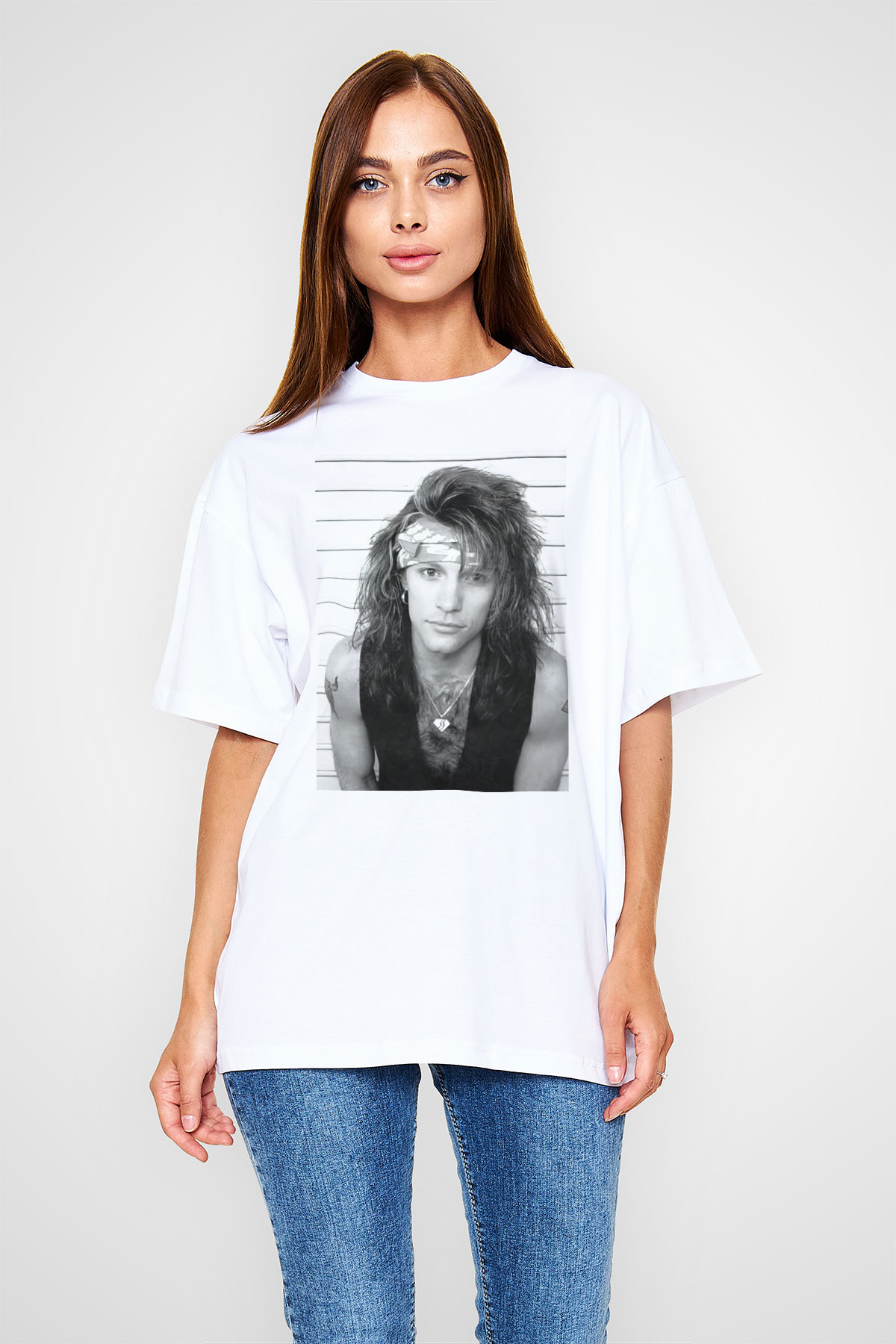 Bon Jovi Beyaz Unisex Oversize Tişört T-Shirt