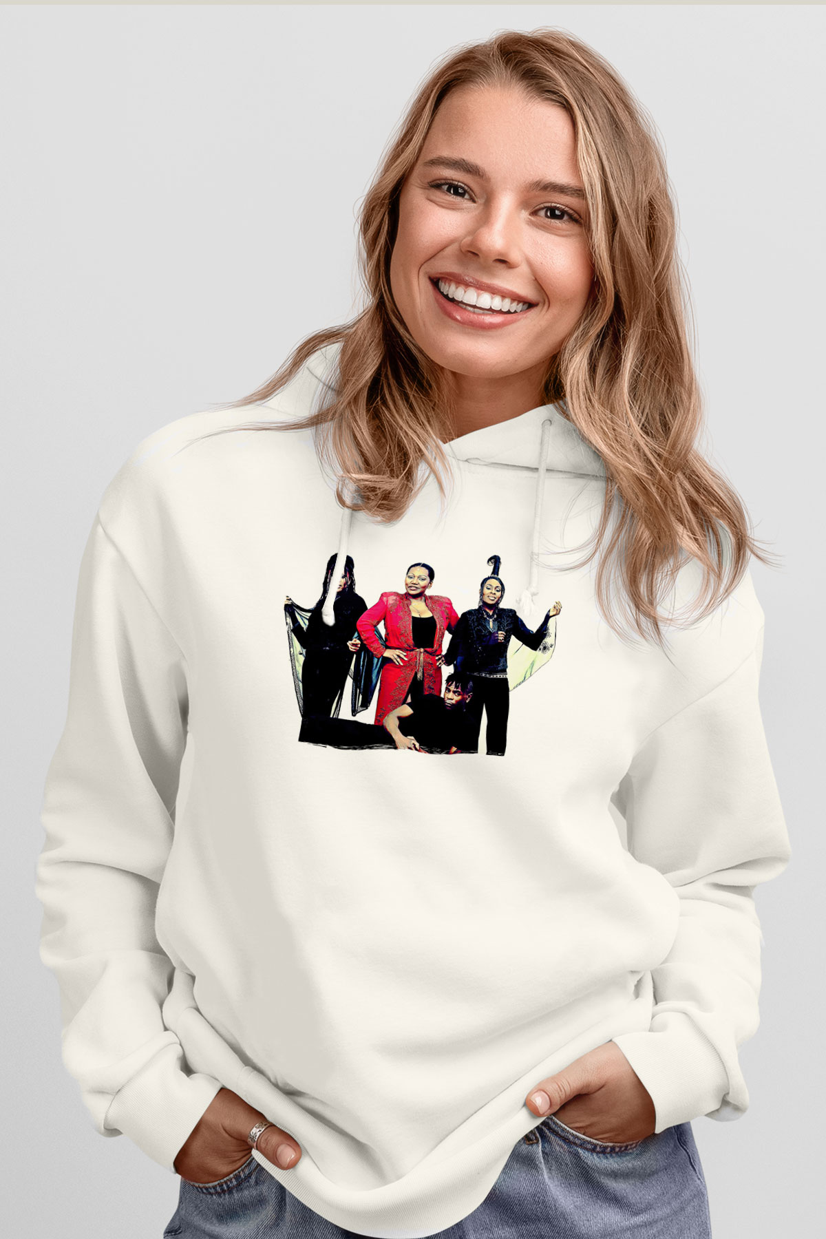 Boney M Baskılı Beyaz Unisex Kapüşonlu Sweatshirt