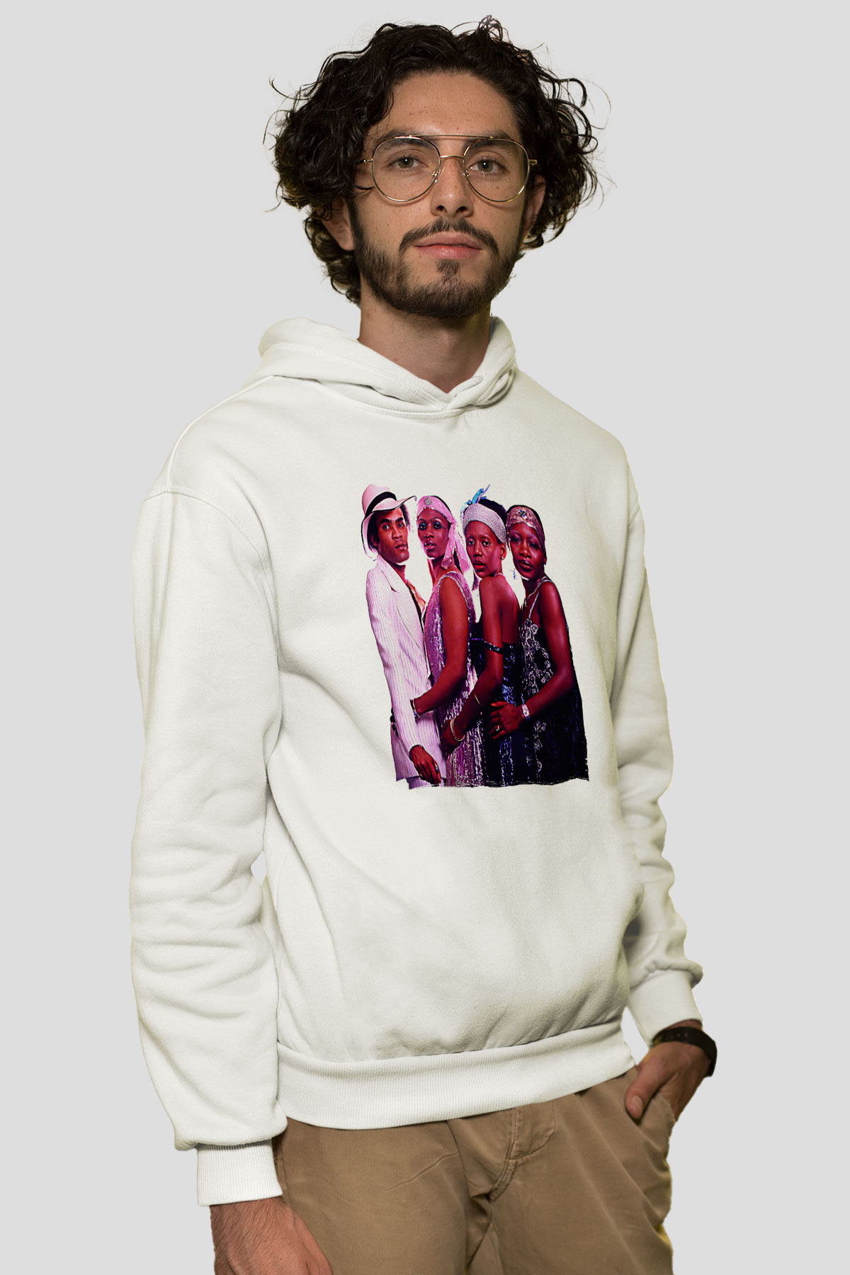 Boney M Baskılı Beyaz Unisex Kapüşonlu Sweatshirt