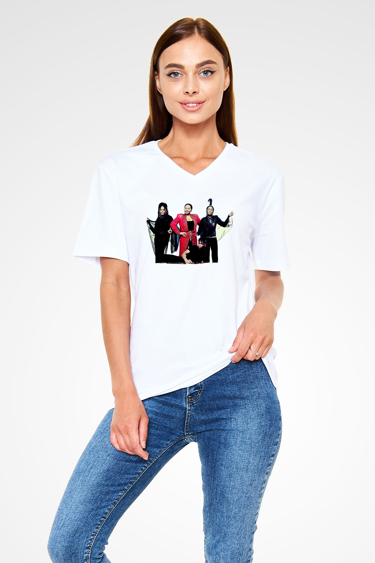 Boney M Baskılı Beyaz Unisex V Yaka Tişört - Tshirt