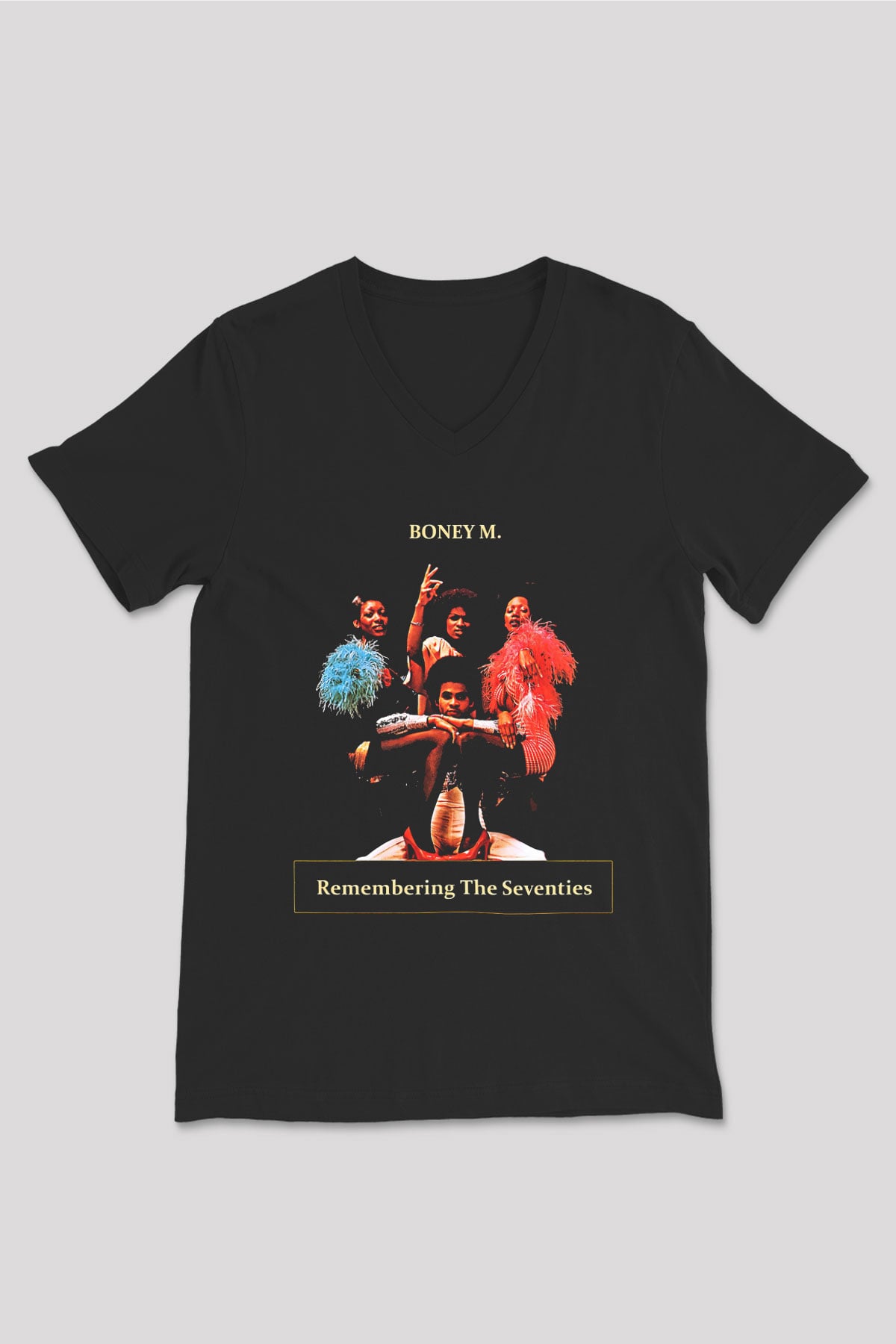 Boney M Baskılı Unisex Siyah V Yaka Tişört - Tshirt