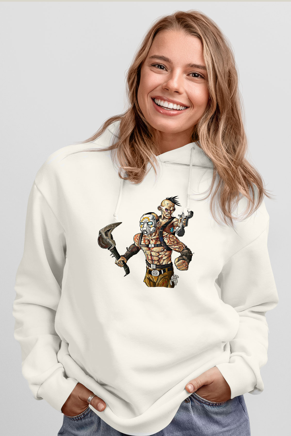 Borderlands Baskılı Beyaz Unisex Kapüşonlu Sweatshirt