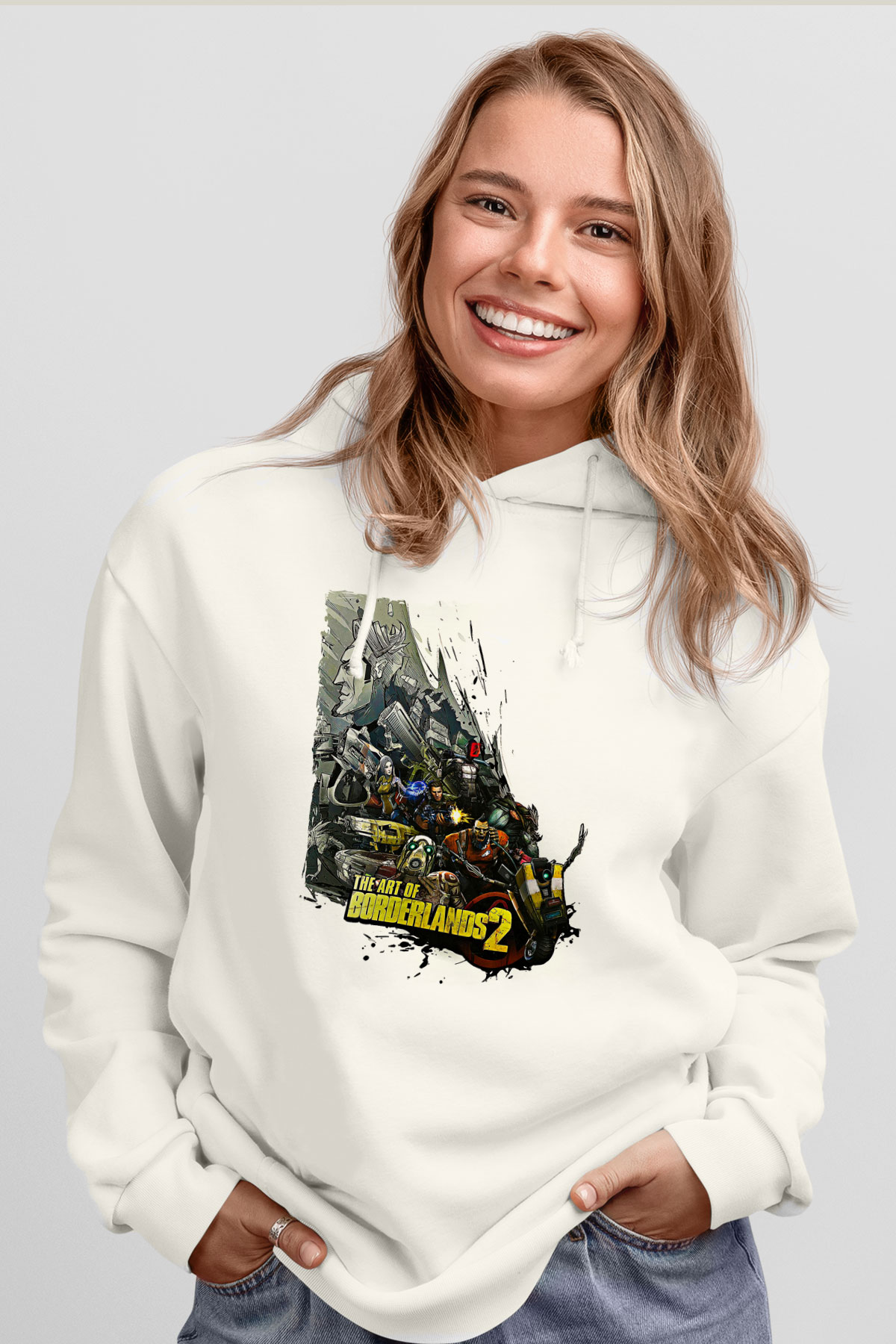 Borderlands Baskılı Beyaz Unisex Kapüşonlu Sweatshirt