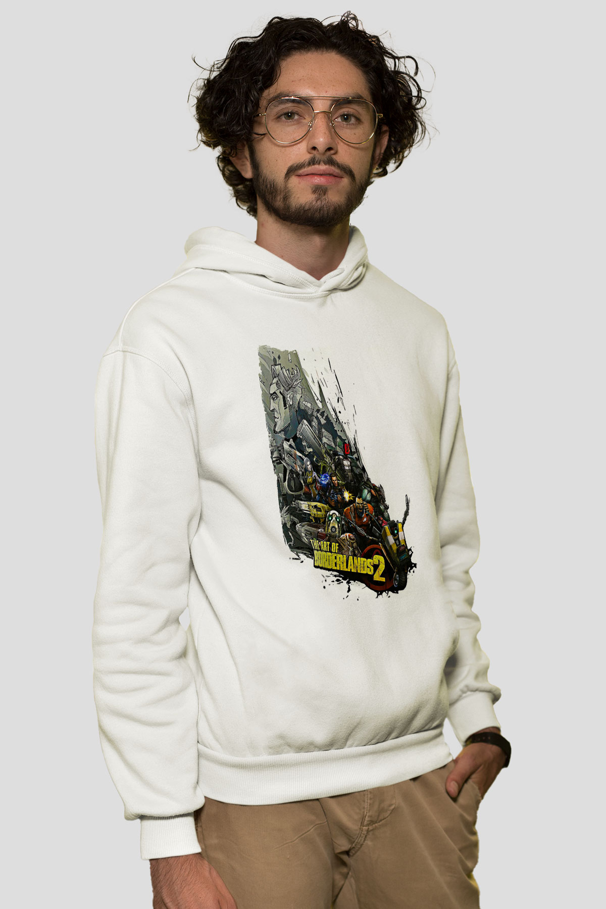 Borderlands Baskılı Beyaz Unisex Kapüşonlu Sweatshirt